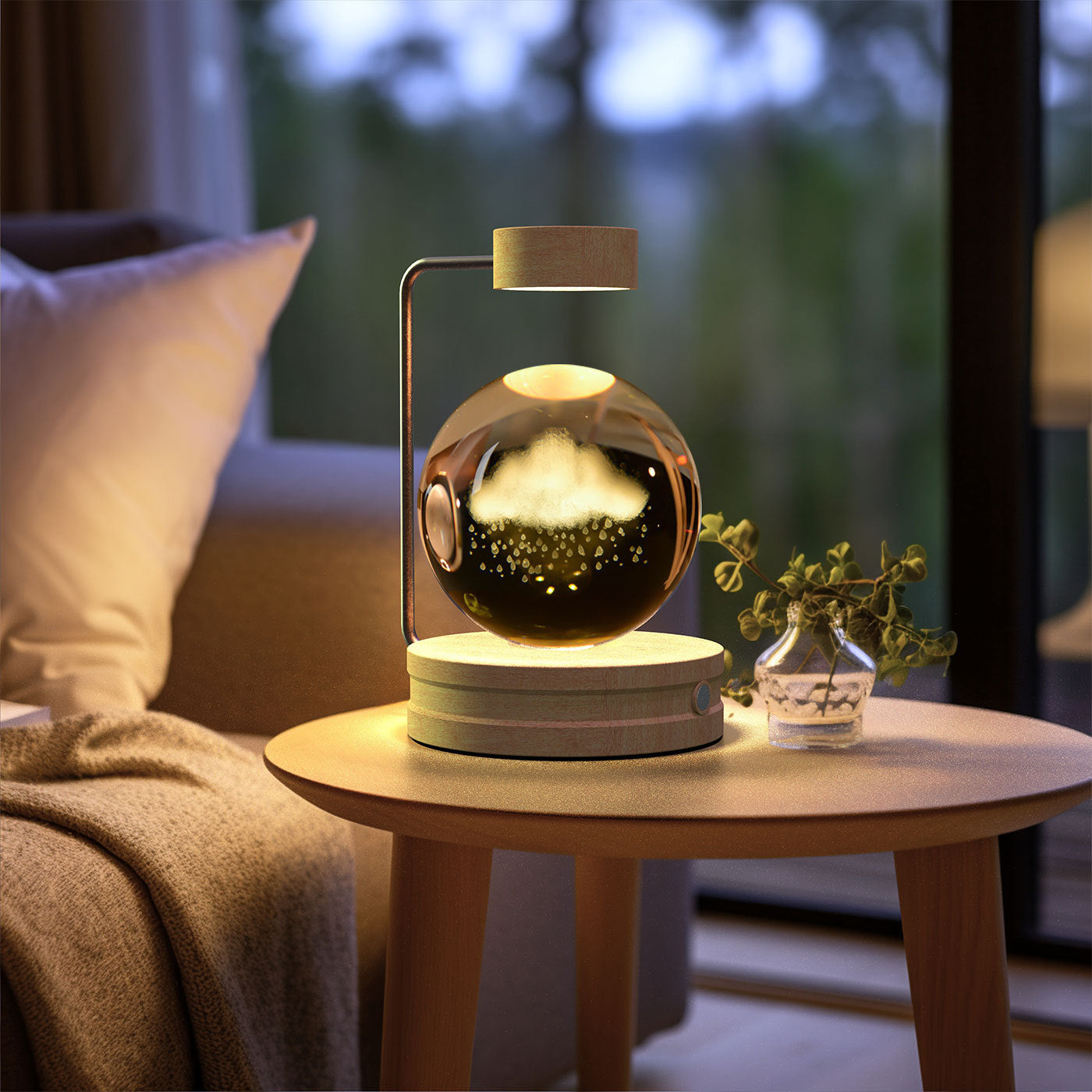 Crystal Ball Cosmic Dinosaur Night Light — USB Warm Glow, Walnut Base