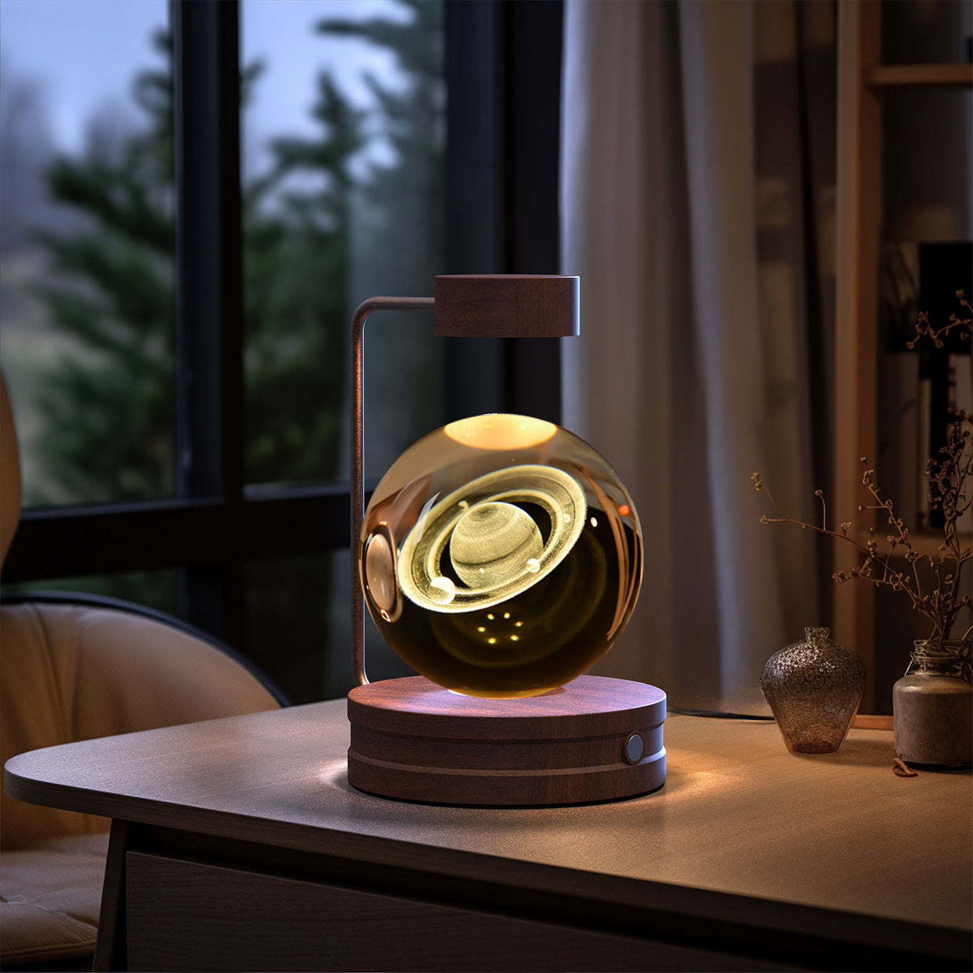 Crystal Ball Cosmic Dinosaur Night Light — USB Warm Glow, Walnut Base