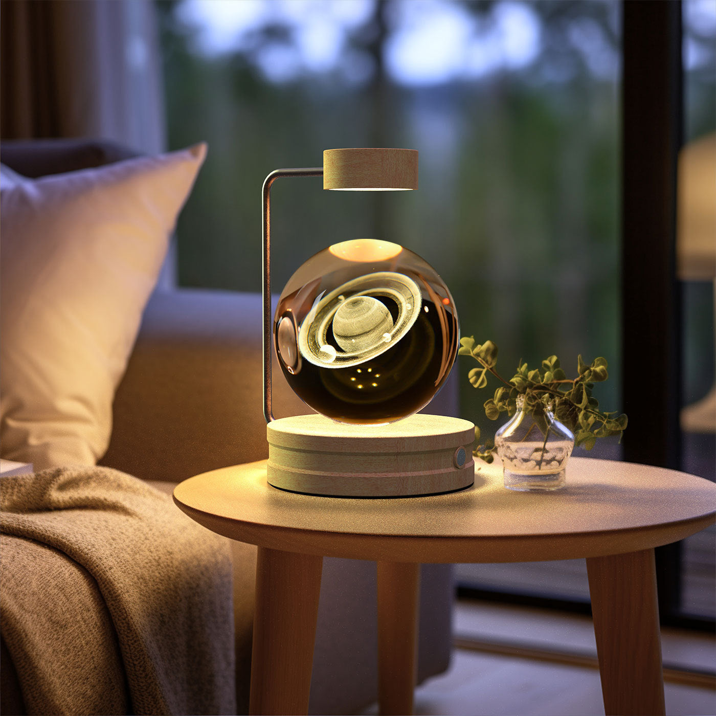Crystal Ball Cosmic Dinosaur Night Light — USB Warm Glow, Walnut Base