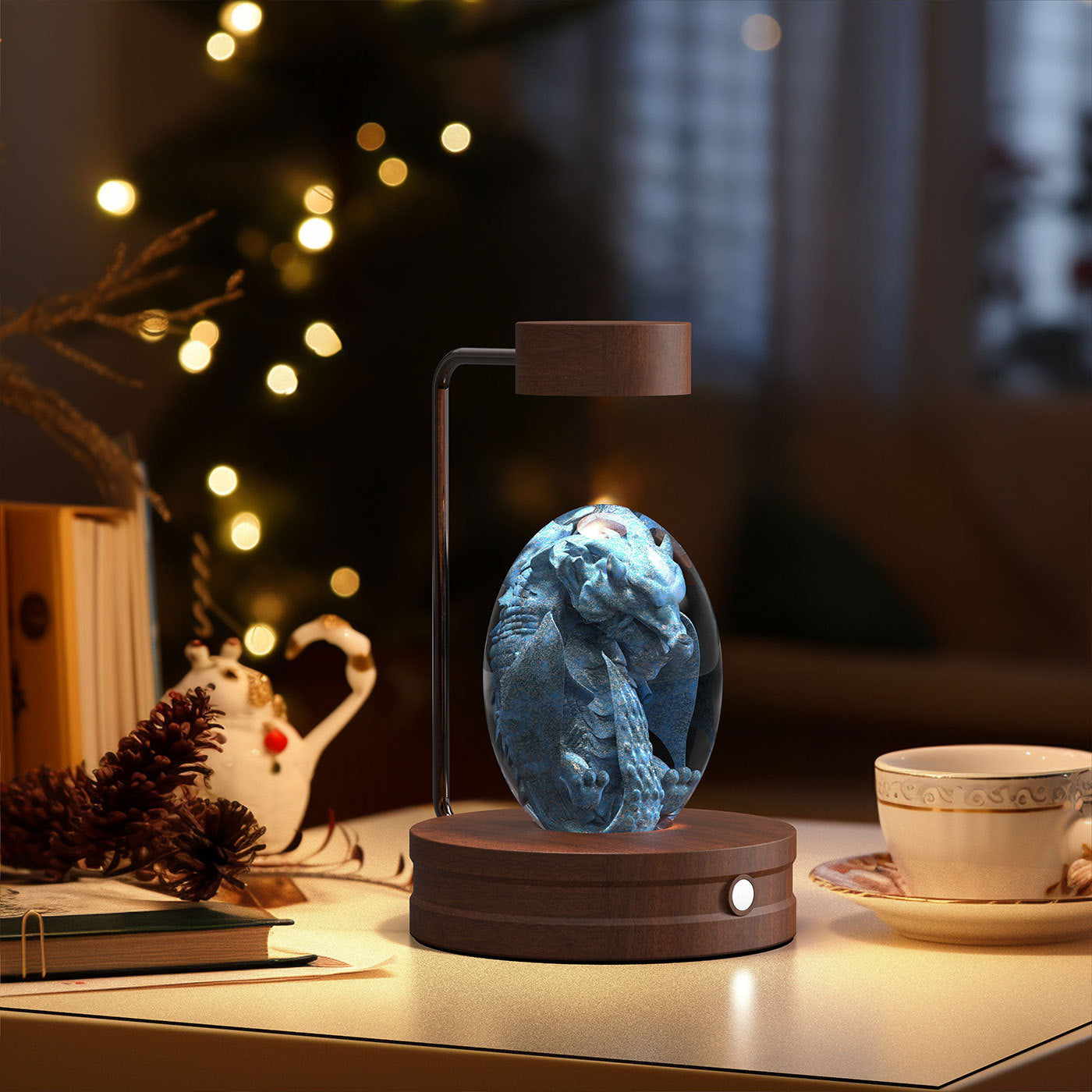 Crystal Ball Cosmic Dinosaur Night Light — USB Warm Glow, Walnut Base