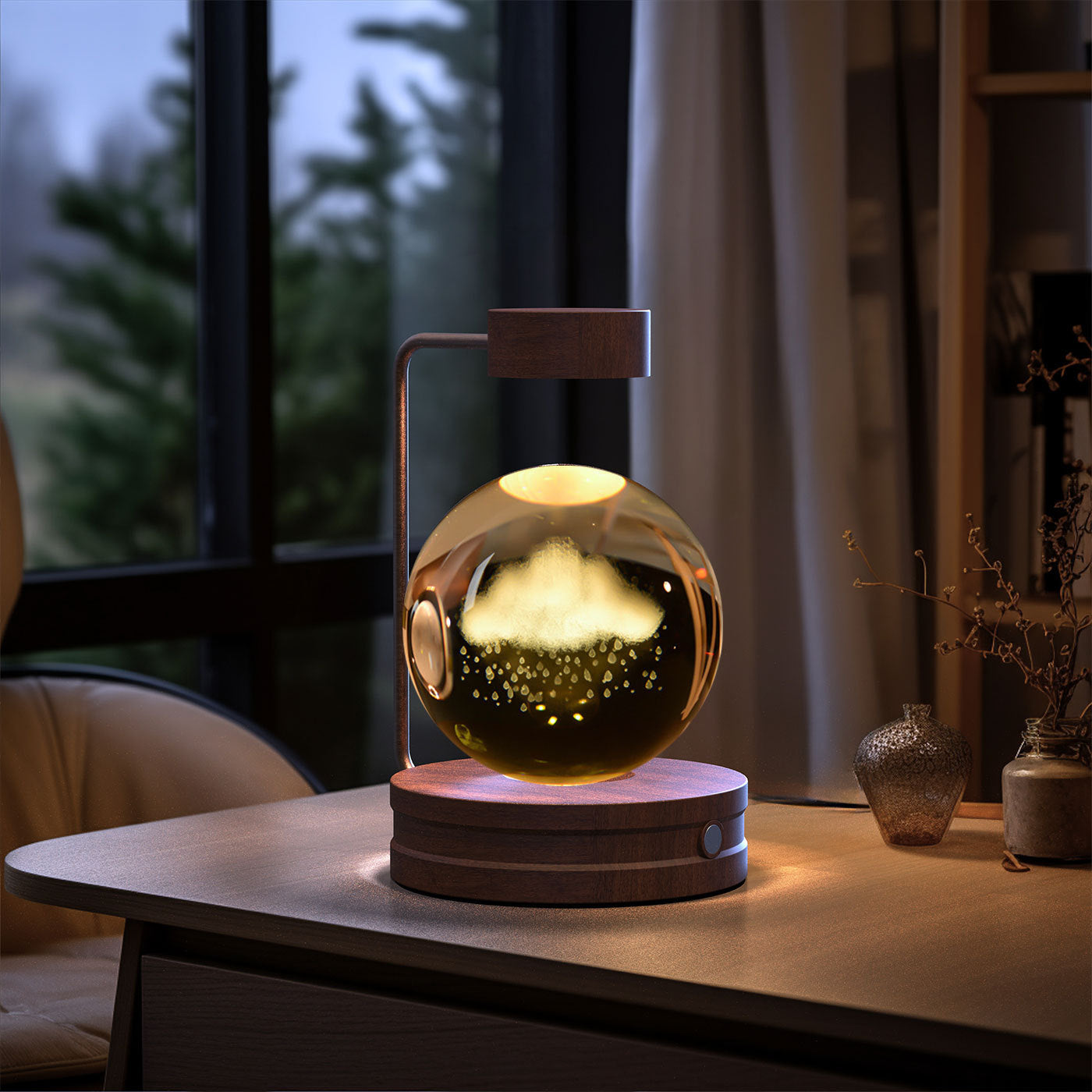 Crystal Ball Cosmic Dinosaur Night Light — USB Warm Glow, Walnut Base