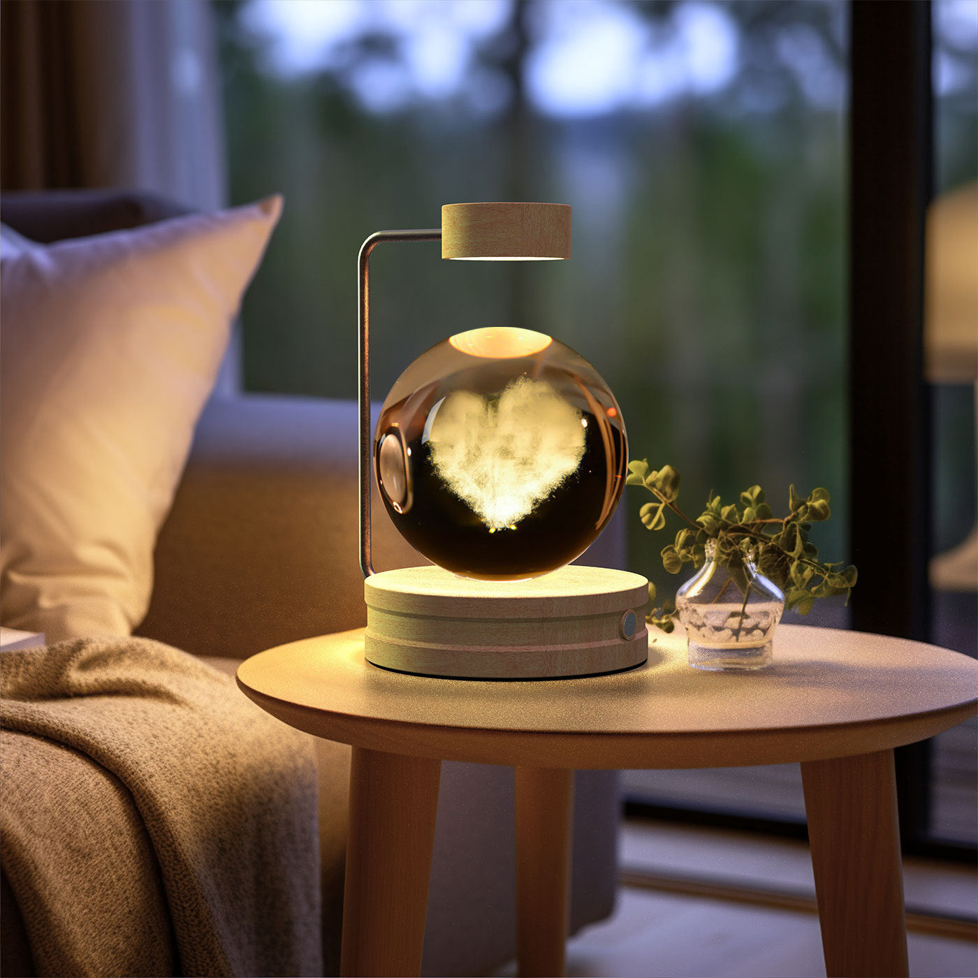 Crystal Ball Cosmic Dinosaur Night Light — USB Warm Glow, Walnut Base