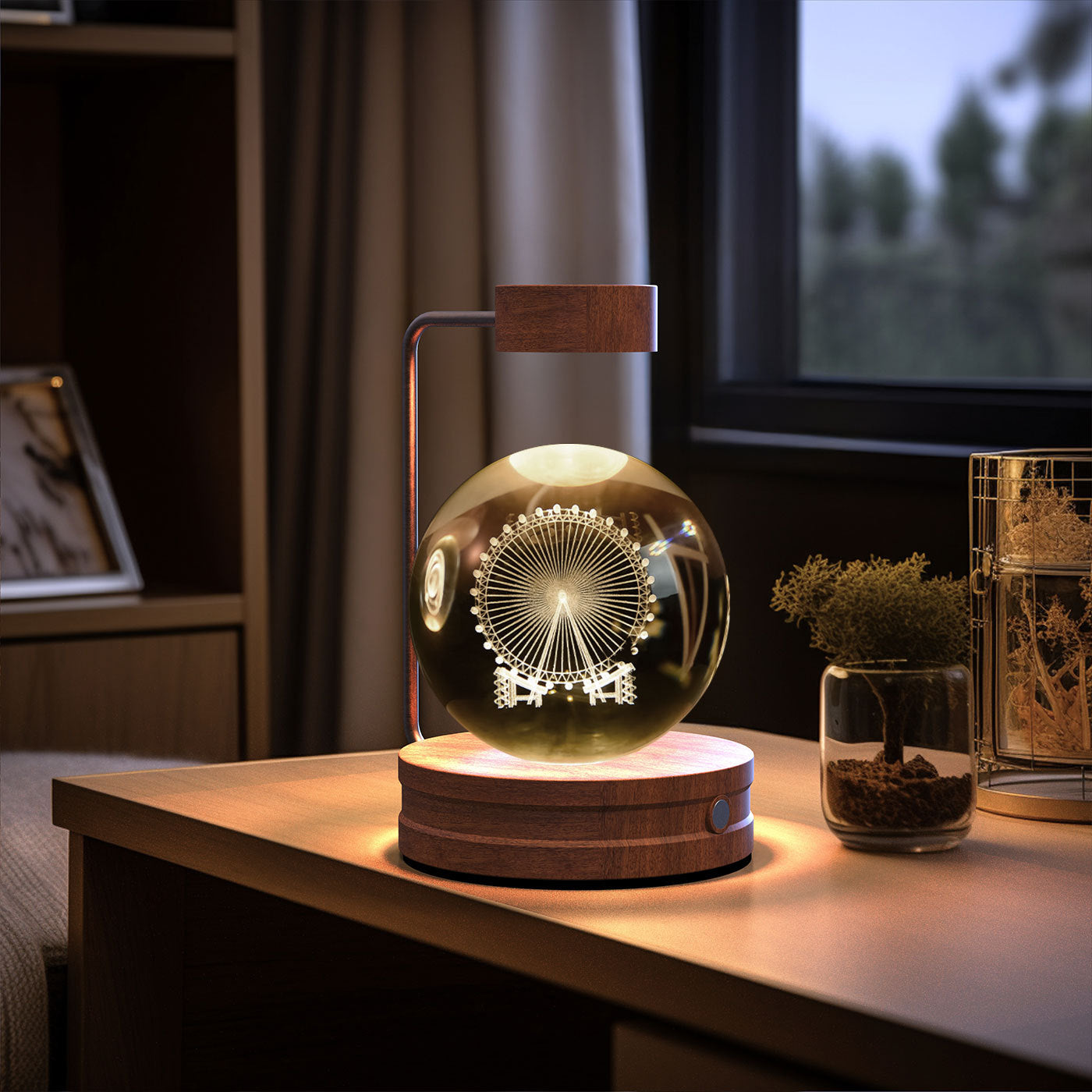 Crystal Ball Cosmic Dinosaur Night Light — USB Warm Glow, Walnut Base