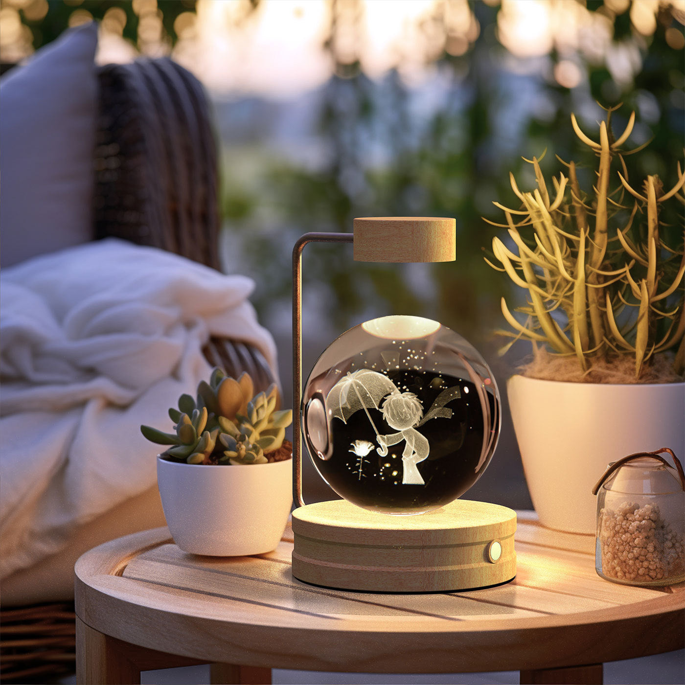 Crystal Ball Cosmic Dinosaur Night Light — USB Warm Glow, Walnut Base