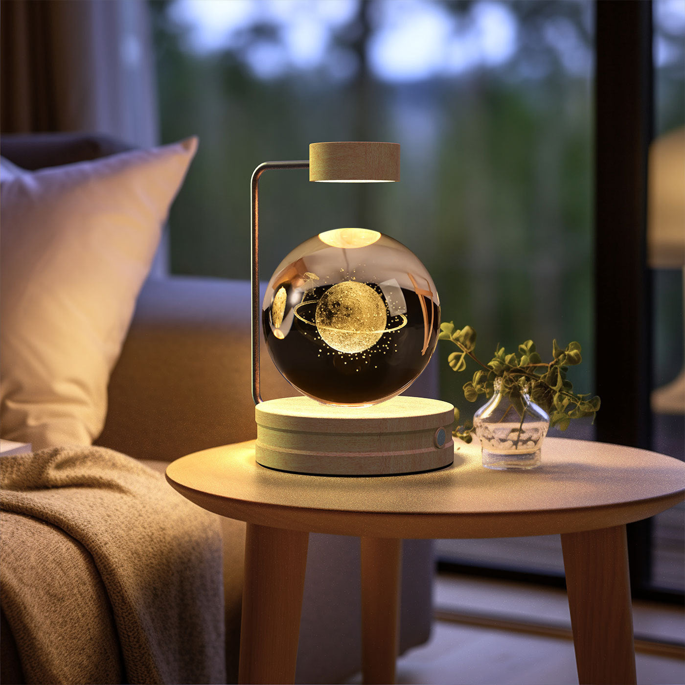 Crystal Ball Cosmic Dinosaur Night Light — USB Warm Glow, Walnut Base