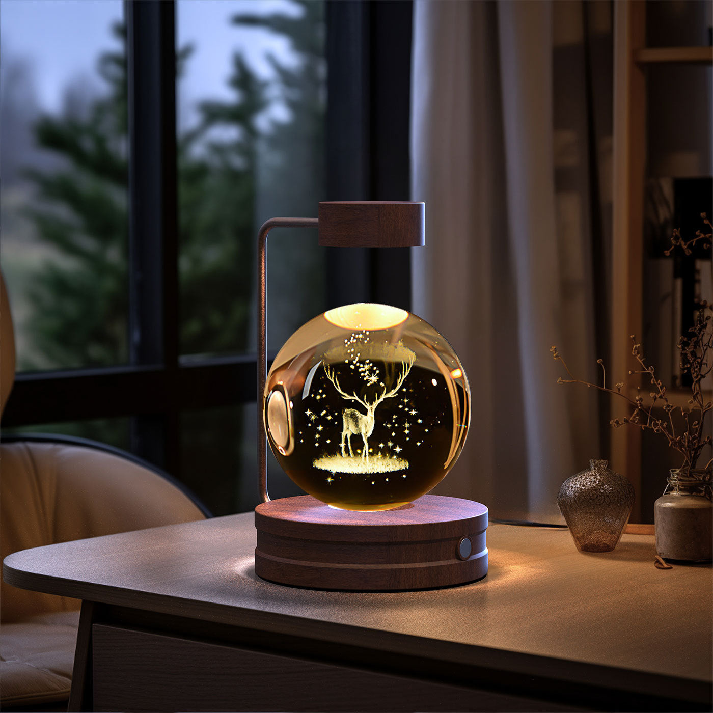 Crystal Ball Cosmic Dinosaur Night Light — USB Warm Glow, Walnut Base