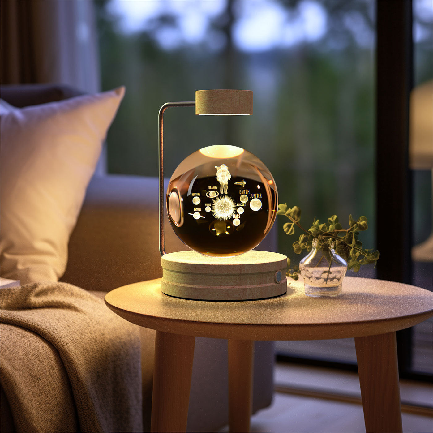 Crystal Ball Cosmic Dinosaur Night Light — USB Warm Glow, Walnut Base