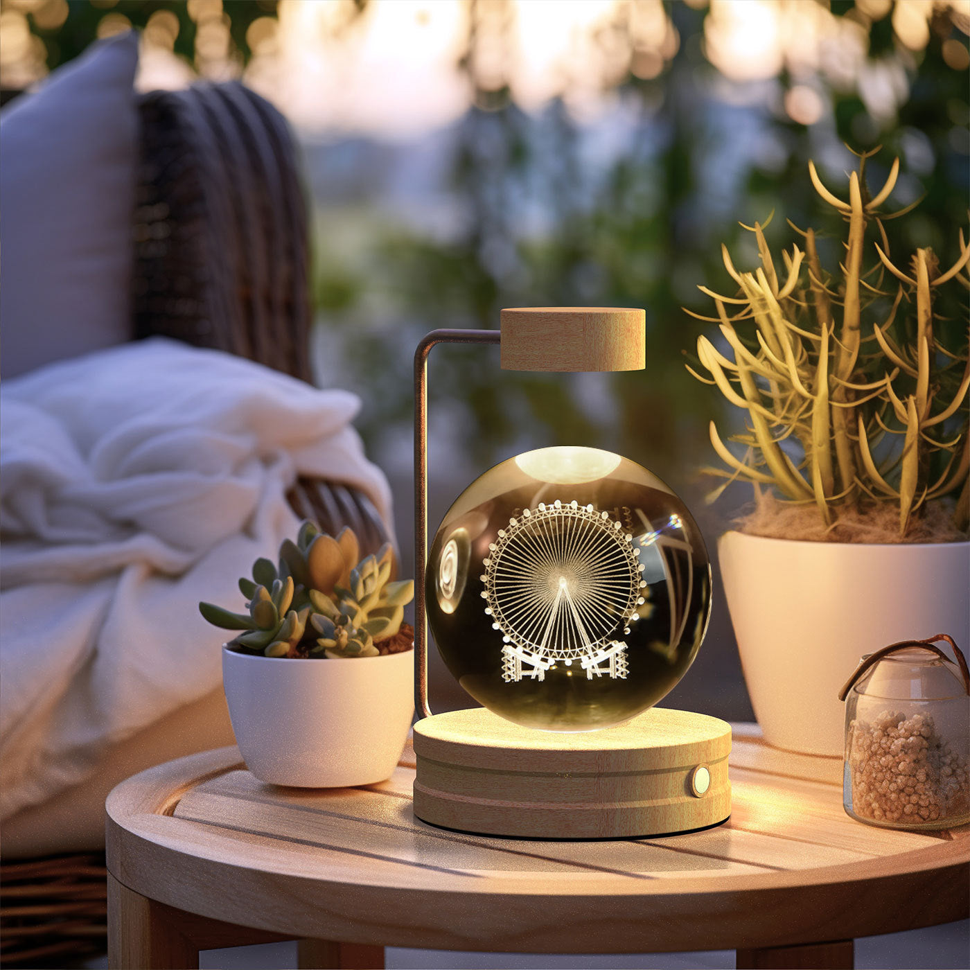Crystal Ball Cosmic Dinosaur Night Light — USB Warm Glow, Walnut Base