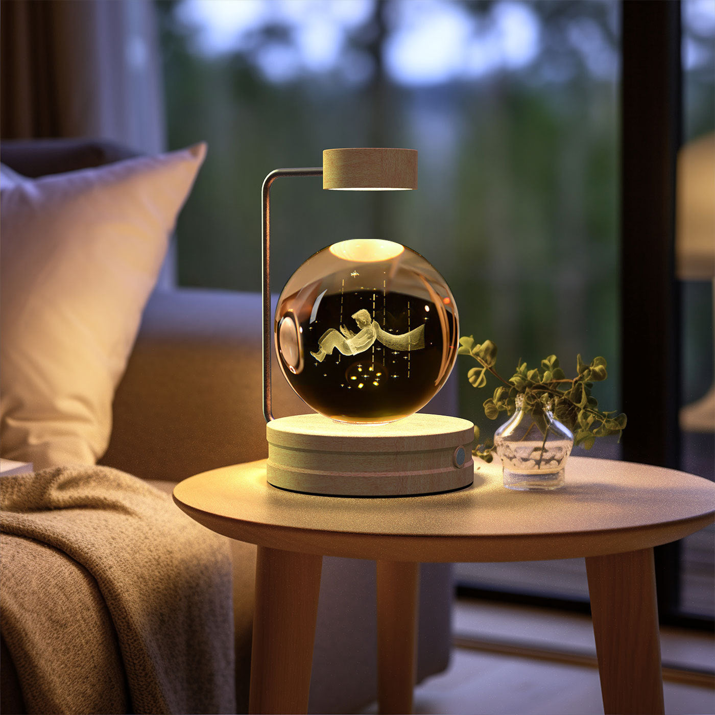 Crystal Ball Cosmic Dinosaur Night Light — USB Warm Glow, Walnut Base