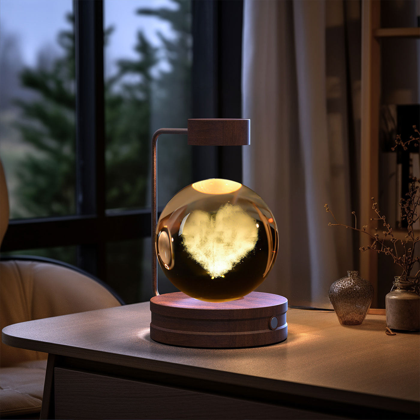 Crystal Ball Cosmic Dinosaur Night Light — USB Warm Glow, Walnut Base