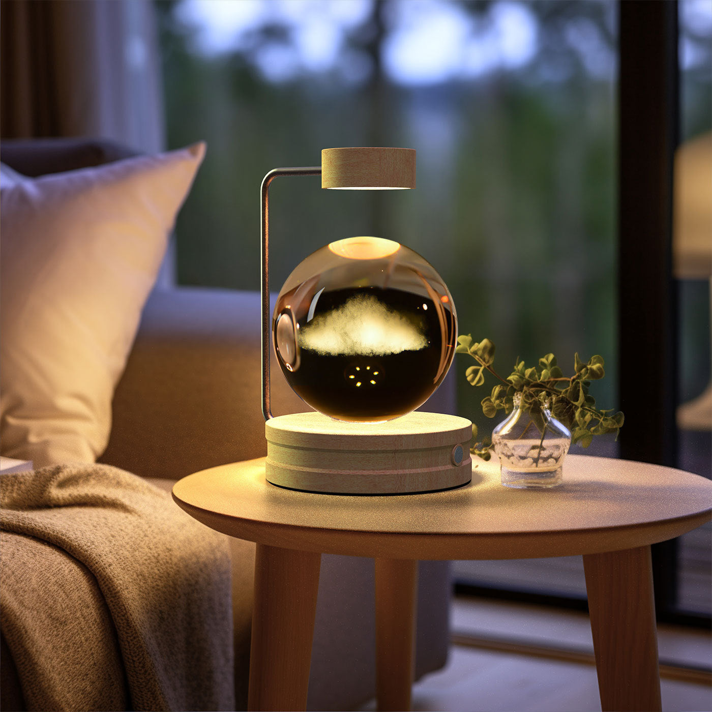 Crystal Ball Cosmic Dinosaur Night Light — USB Warm Glow, Walnut Base