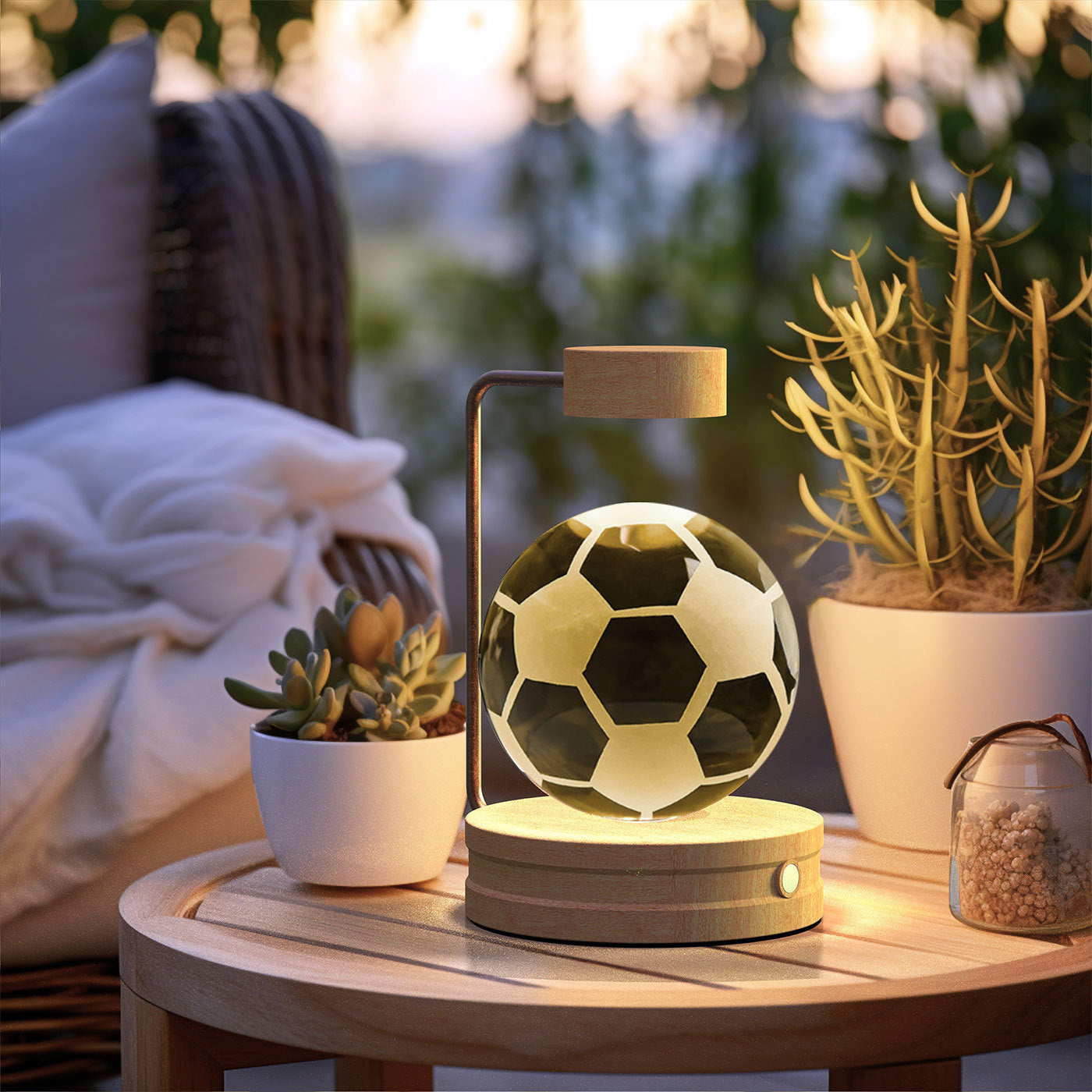 Crystal Ball Cosmic Dinosaur Night Light — USB Warm Glow, Walnut Base