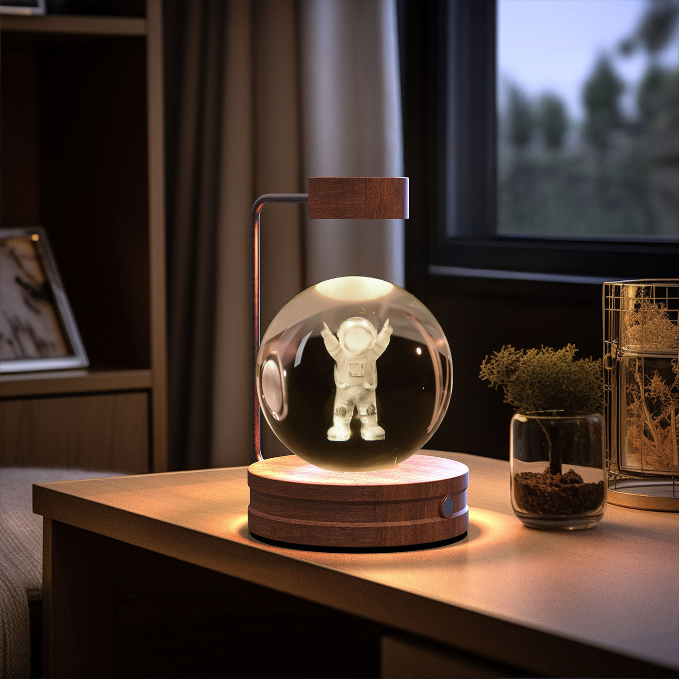 Crystal Ball Cosmic Dinosaur Night Light — USB Warm Glow, Walnut Base