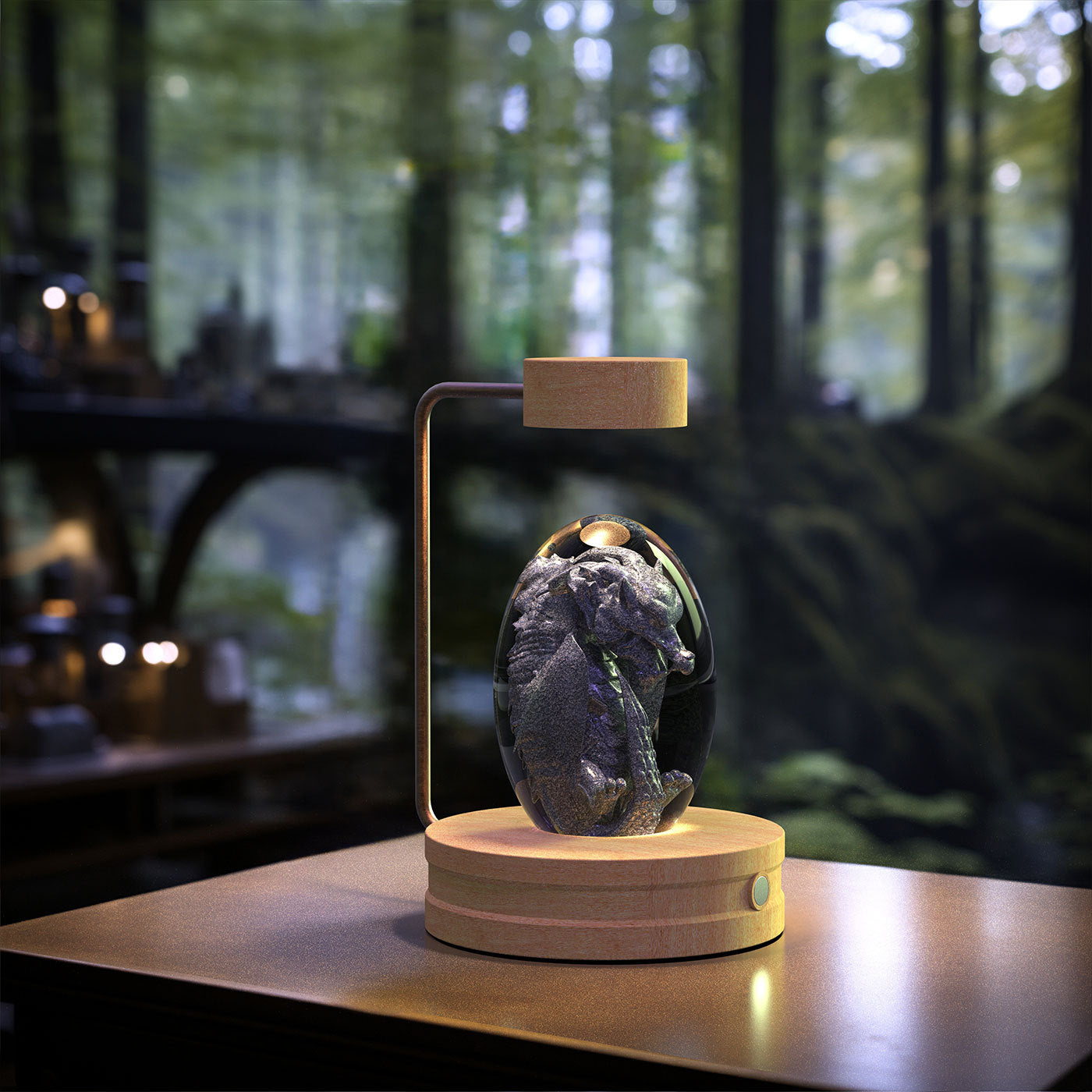 Crystal Ball Cosmic Dinosaur Night Light — USB Warm Glow, Walnut Base