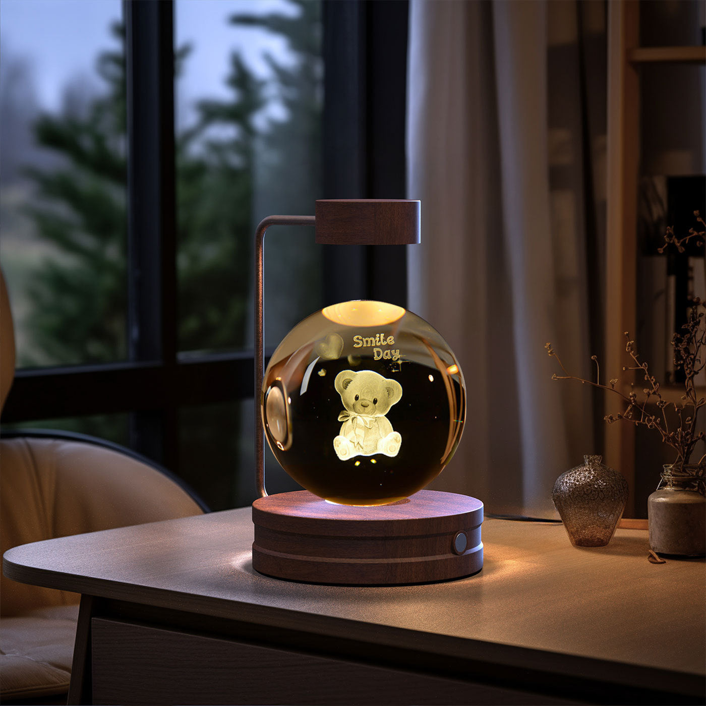 Crystal Ball Cosmic Dinosaur Night Light — USB Warm Glow, Walnut Base