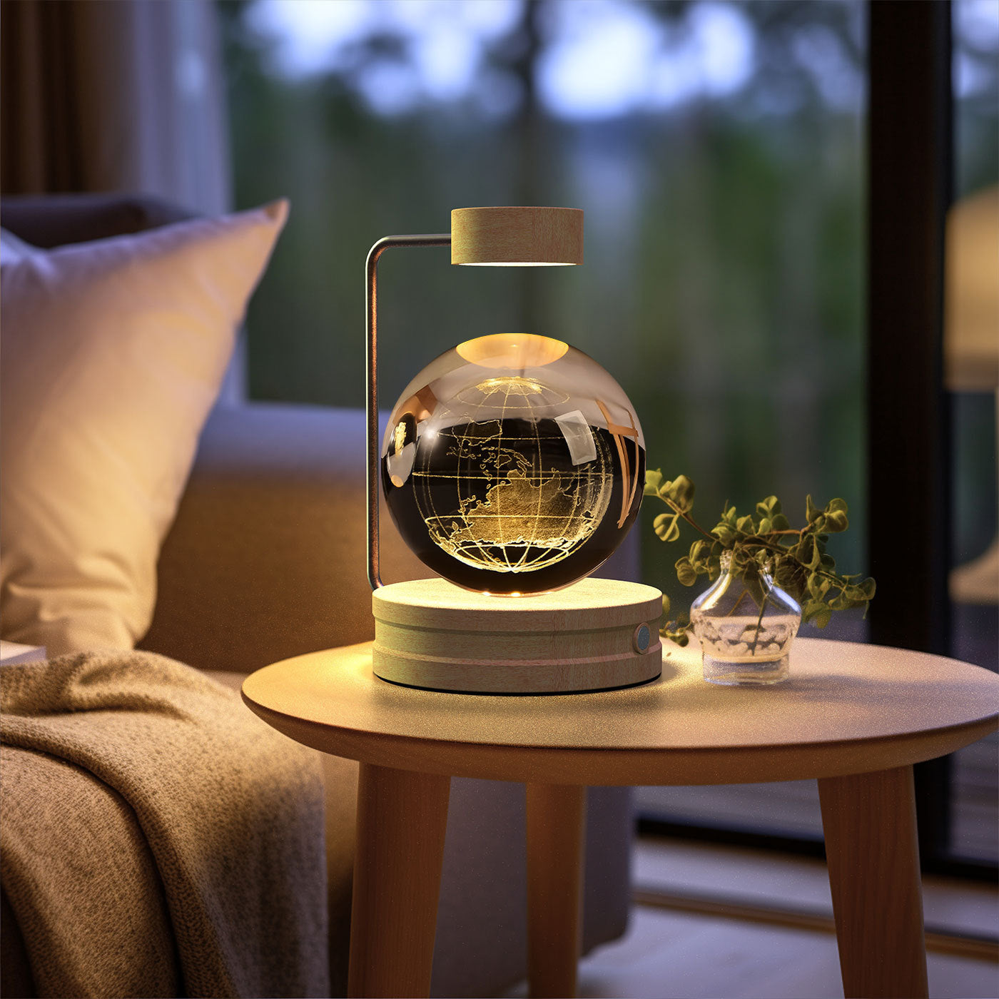 Crystal Ball Cosmic Dinosaur Night Light — USB Warm Glow, Walnut Base