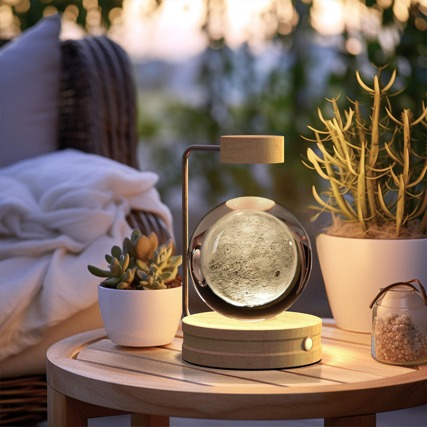 Crystal Ball Cosmic Dinosaur Night Light — USB Warm Glow, Walnut Base