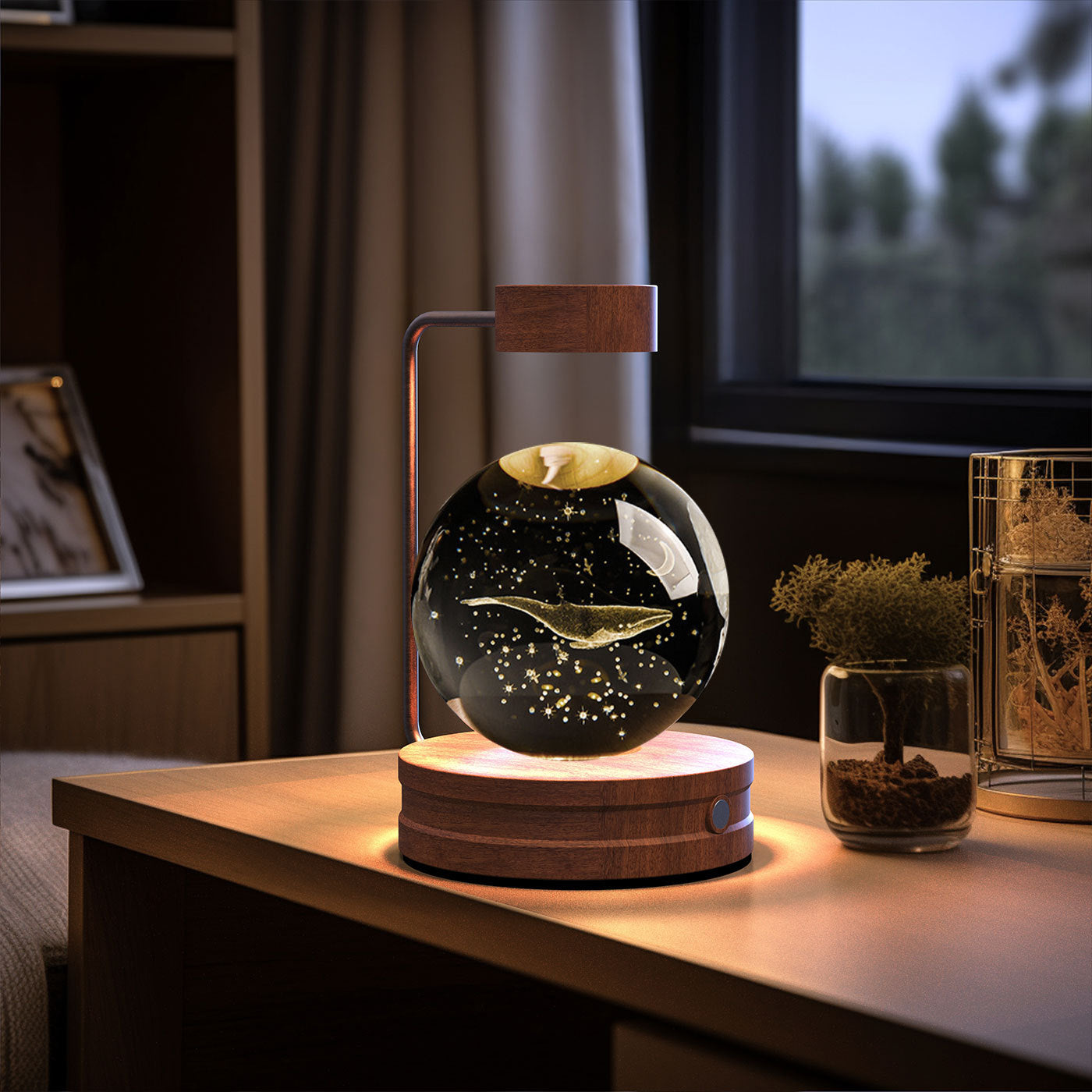 Crystal Ball Cosmic Dinosaur Night Light — USB Warm Glow, Walnut Base