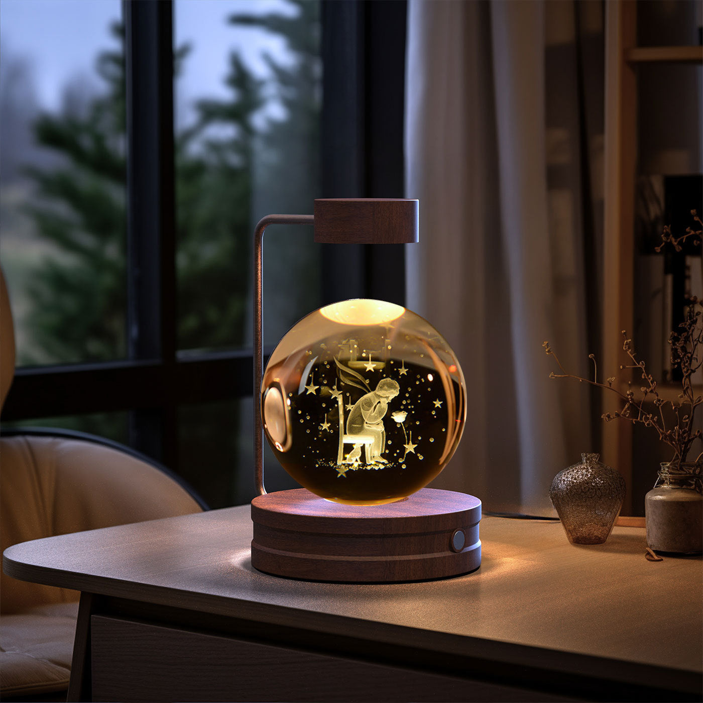 Crystal Ball Cosmic Dinosaur Night Light — USB Warm Glow, Walnut Base