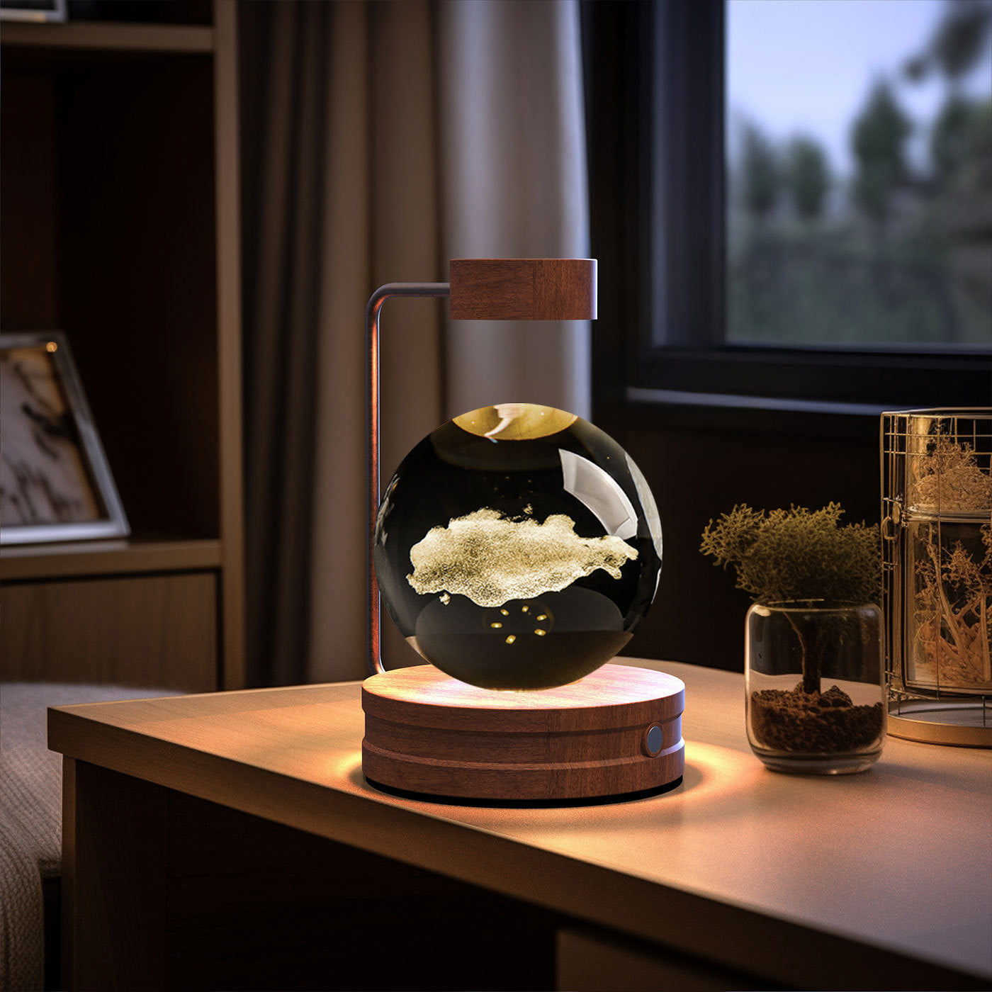Crystal Ball Cosmic Dinosaur Night Light — USB Warm Glow, Walnut Base
