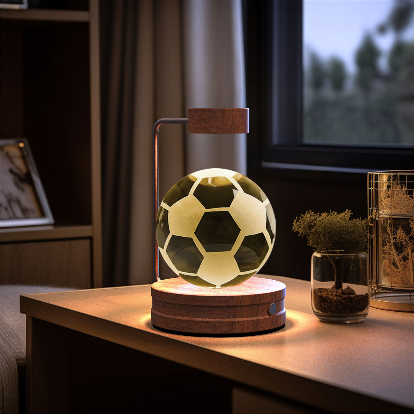Crystal Ball Cosmic Dinosaur Night Light — USB Warm Glow, Walnut Base