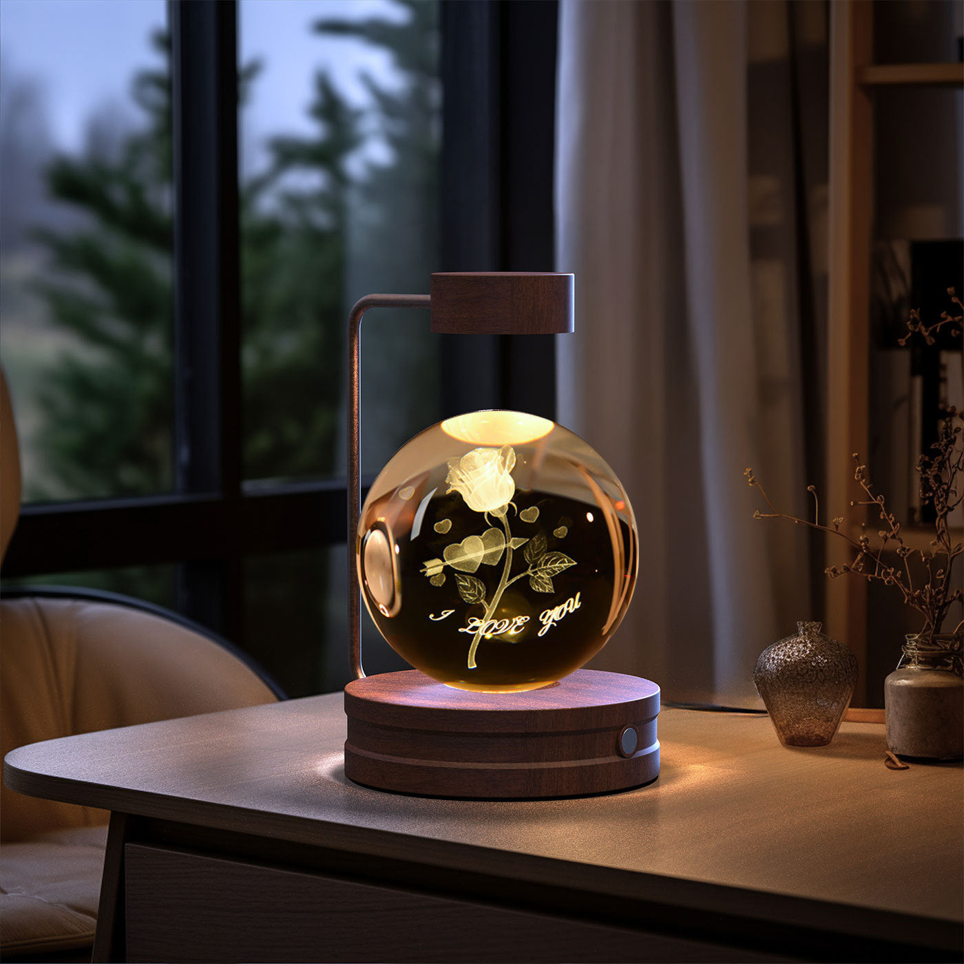 Crystal Ball Cosmic Dinosaur Night Light — USB Warm Glow, Walnut Base