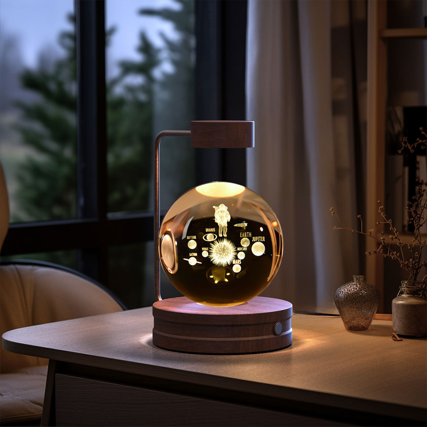 Crystal Ball Cosmic Dinosaur Night Light — USB Warm Glow, Walnut Base