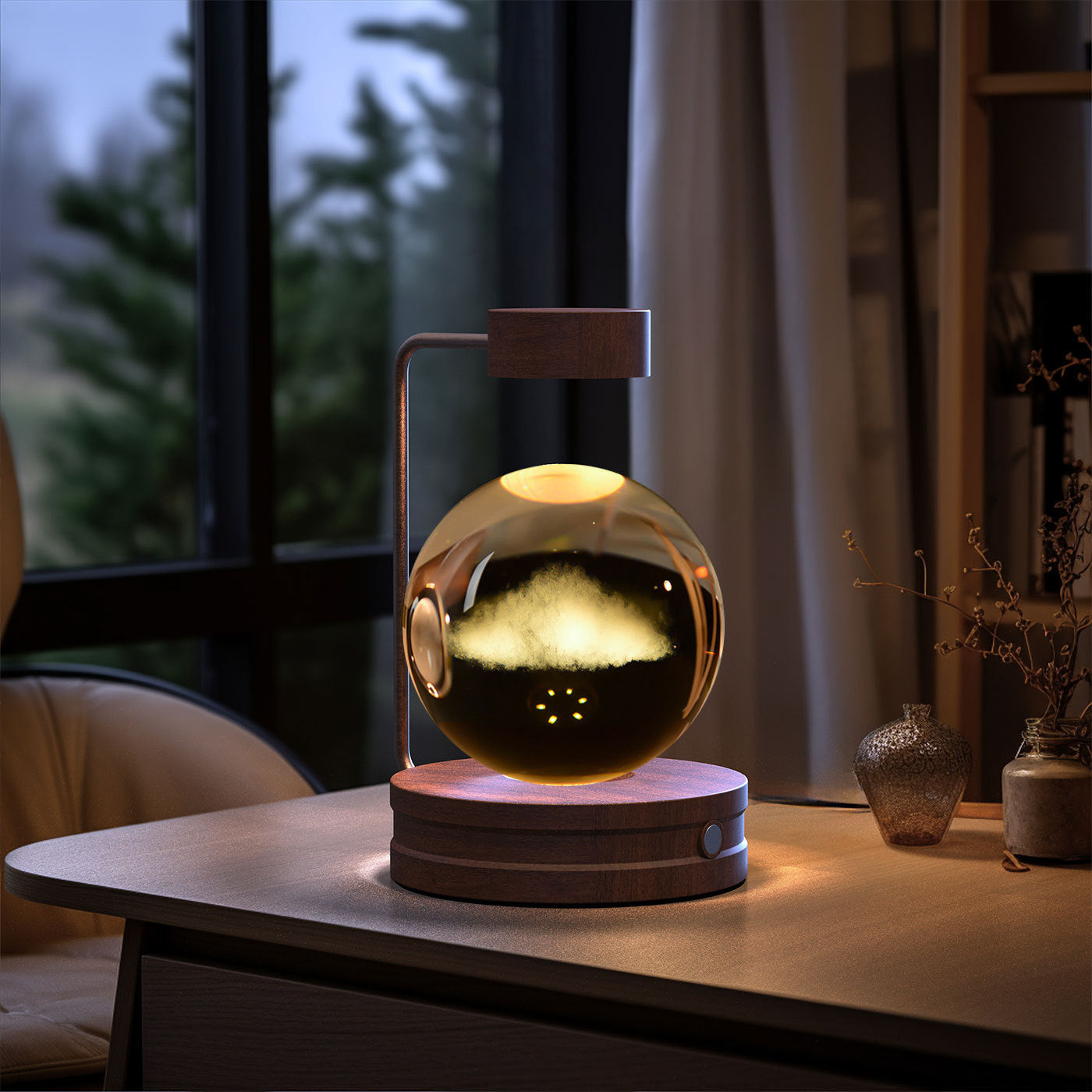 Crystal Ball Cosmic Dinosaur Night Light — USB Warm Glow, Walnut Base