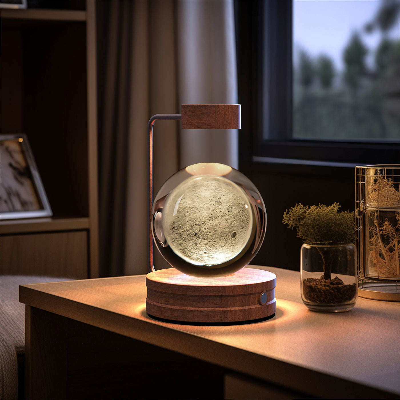 Crystal Ball Cosmic Dinosaur Night Light — USB Warm Glow, Walnut Base