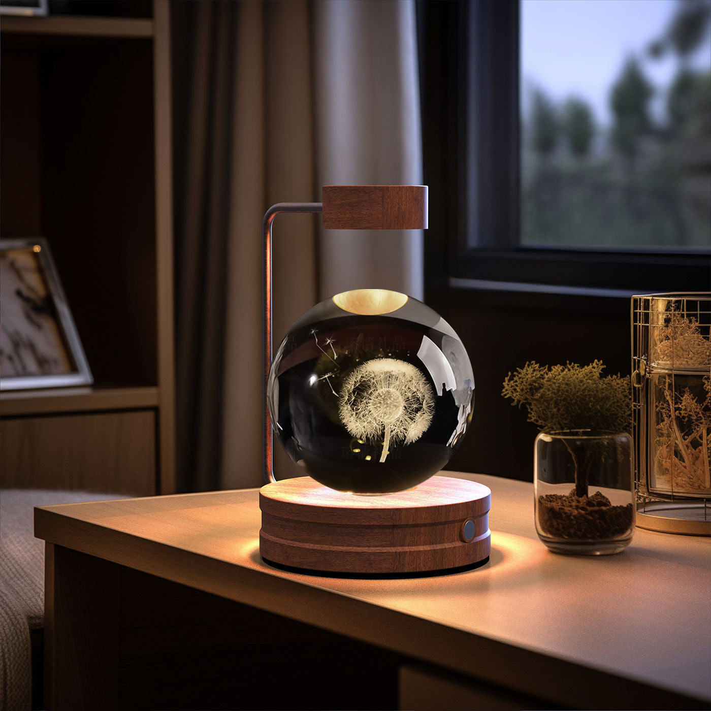 Crystal Ball Cosmic Dinosaur Night Light — USB Warm Glow, Walnut Base