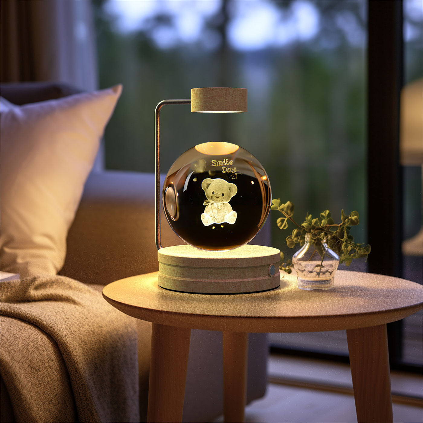 Crystal Ball Cosmic Dinosaur Night Light — USB Warm Glow, Walnut Base