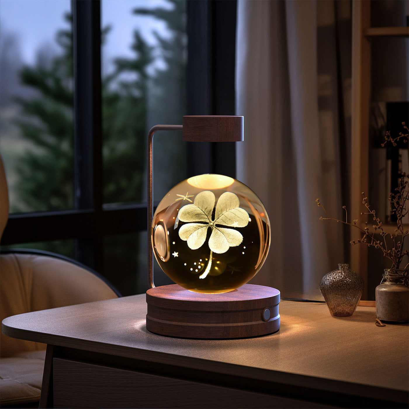 Crystal Ball Cosmic Dinosaur Night Light — USB Warm Glow, Walnut Base