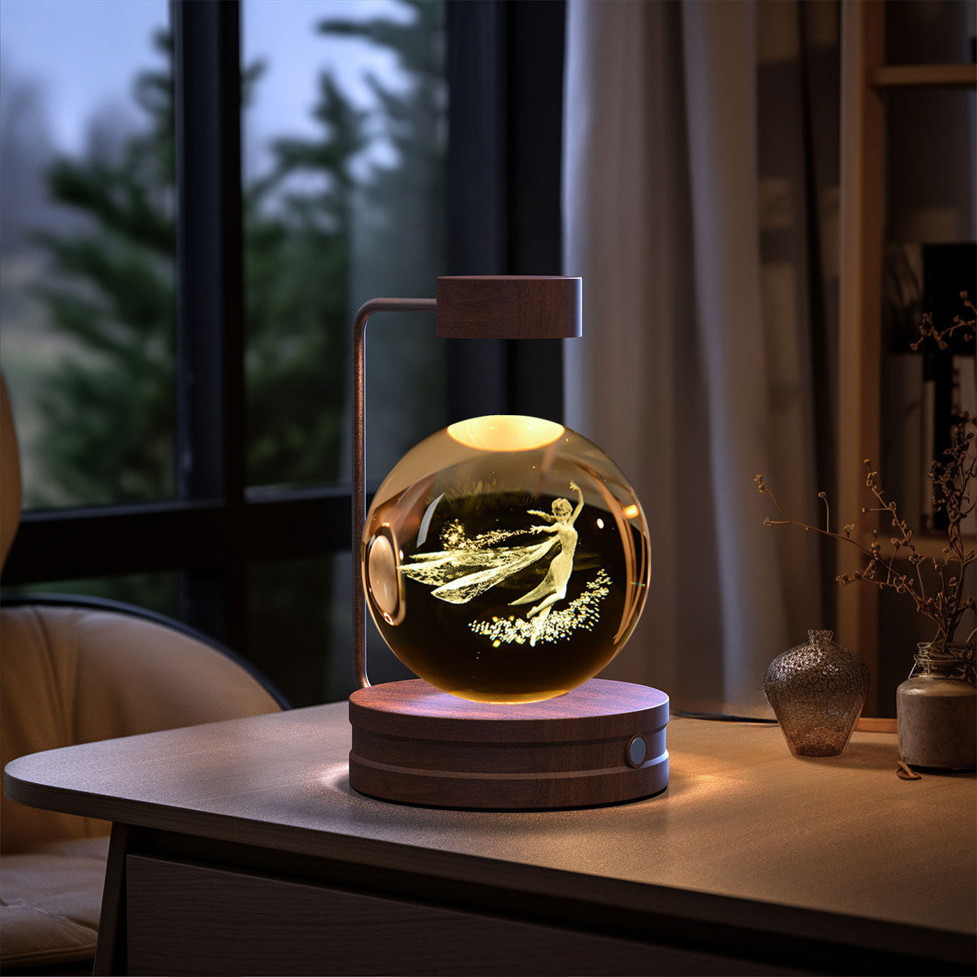 Crystal Ball Cosmic Dinosaur Night Light — USB Warm Glow, Walnut Base