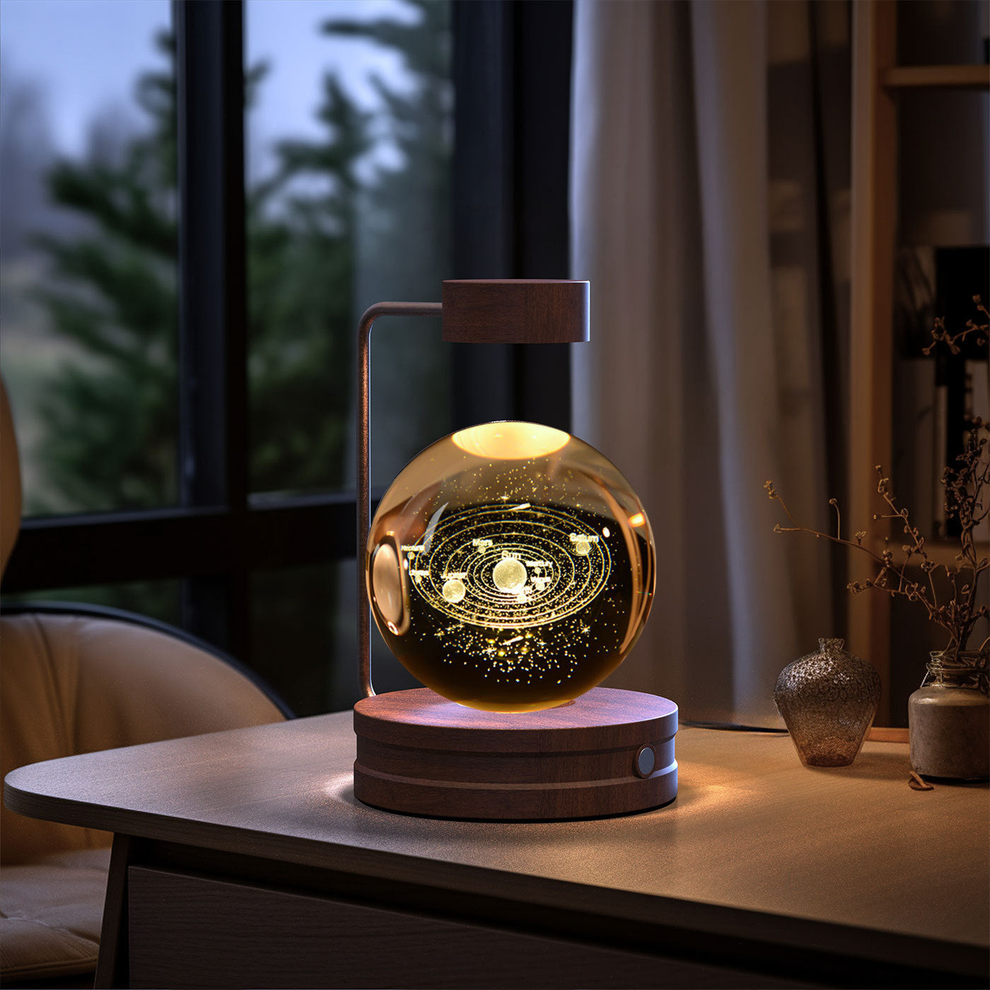 Crystal Ball Cosmic Dinosaur Night Light — USB Warm Glow, Walnut Base