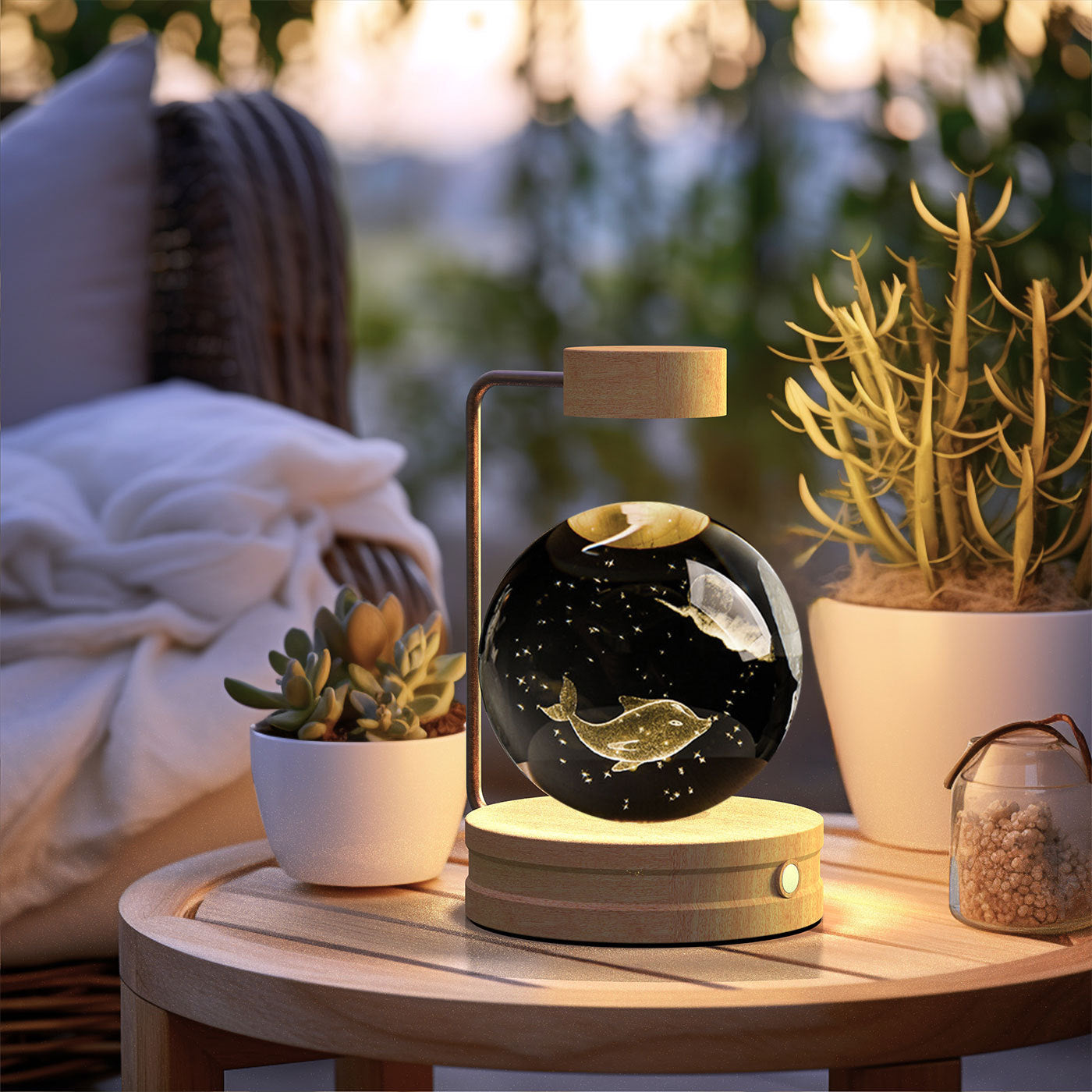 Crystal Ball Cosmic Dinosaur Night Light — USB Warm Glow, Walnut Base