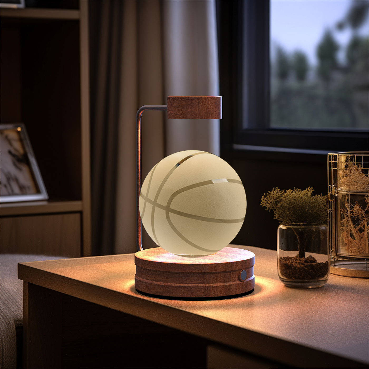 Crystal Ball Cosmic Dinosaur Night Light — USB Warm Glow, Walnut Base