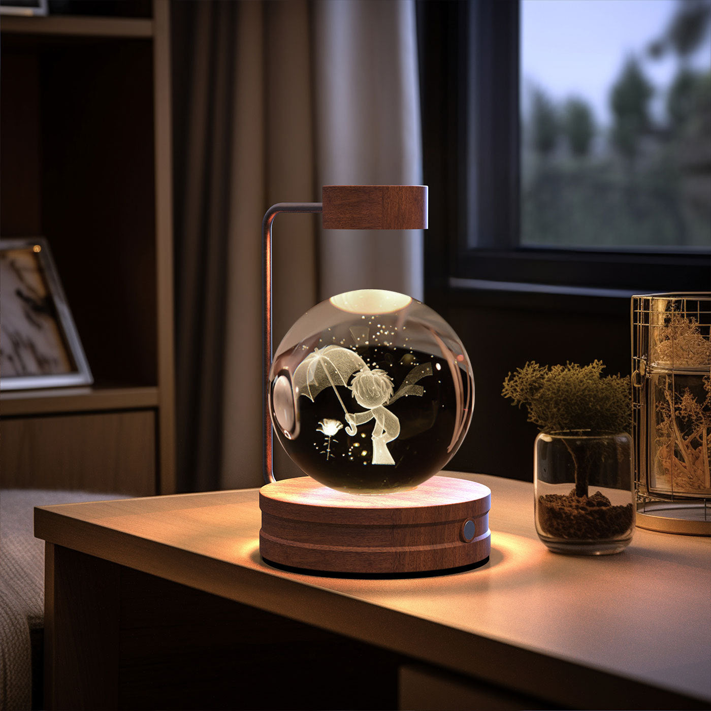 Crystal Ball Cosmic Dinosaur Night Light — USB Warm Glow, Walnut Base