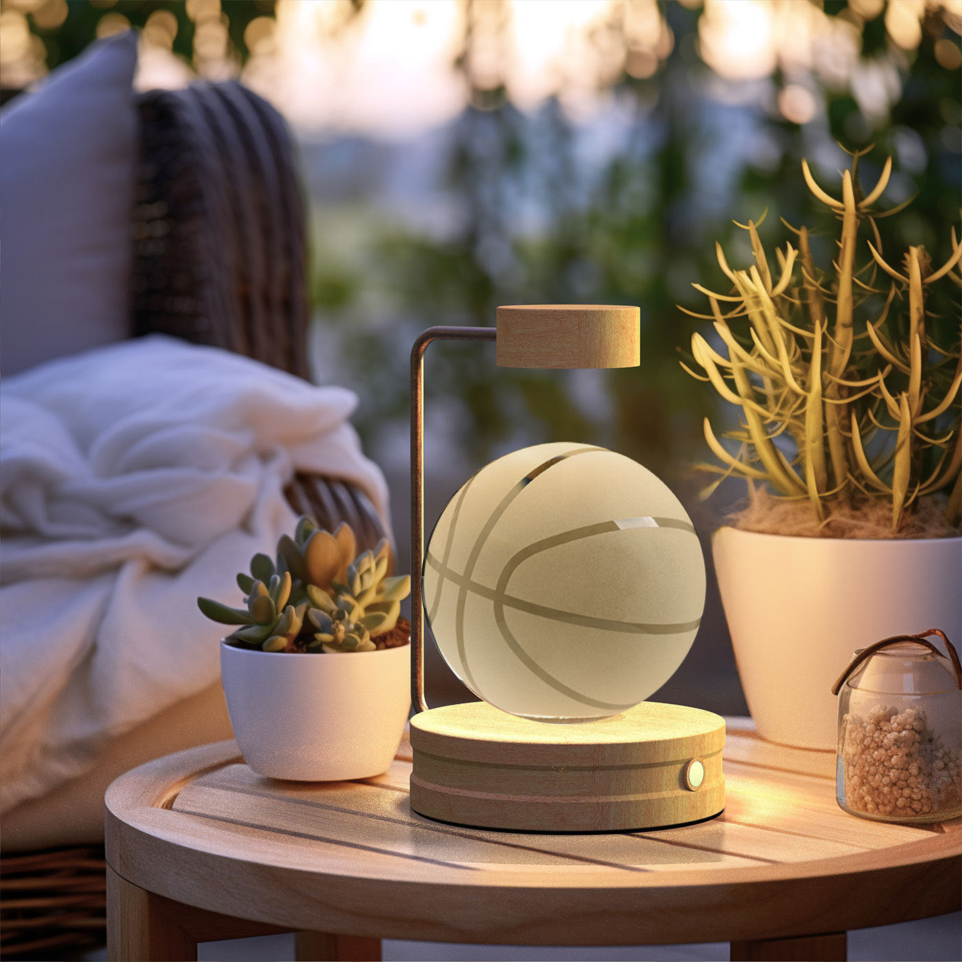 Crystal Ball Cosmic Dinosaur Night Light — USB Warm Glow, Walnut Base