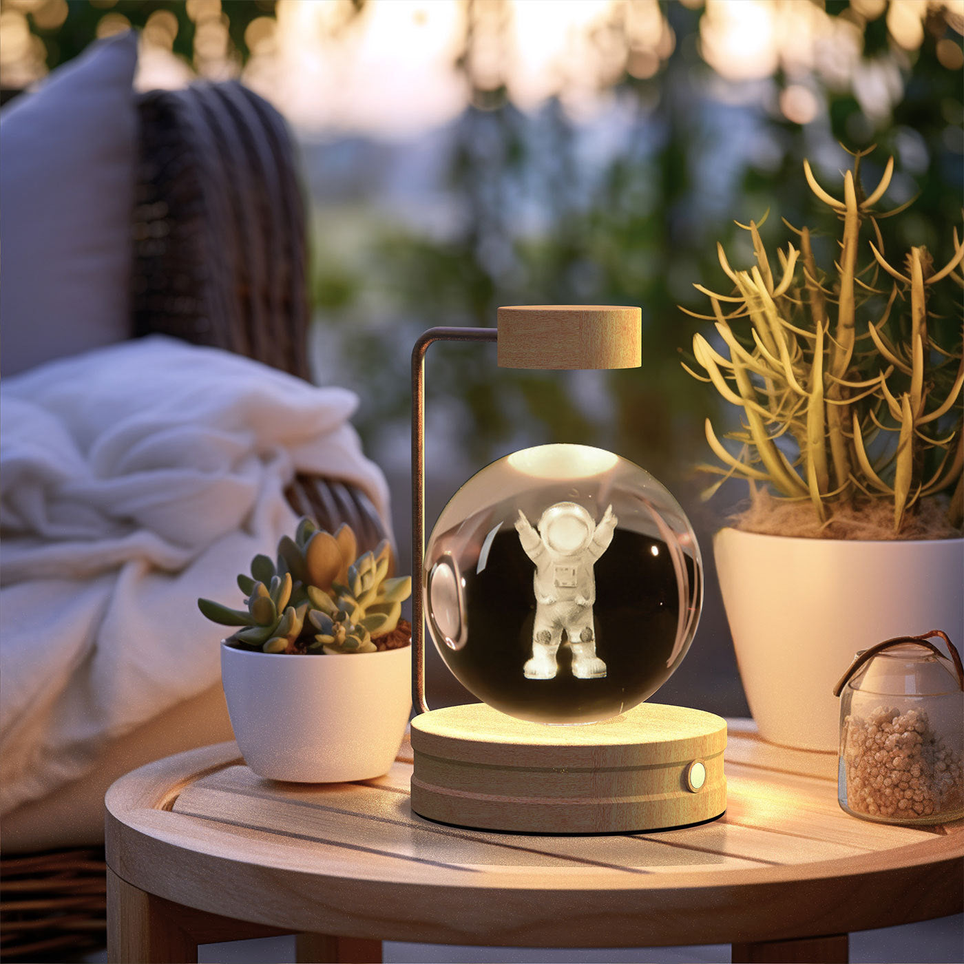 Crystal Ball Cosmic Dinosaur Night Light — USB Warm Glow, Walnut Base