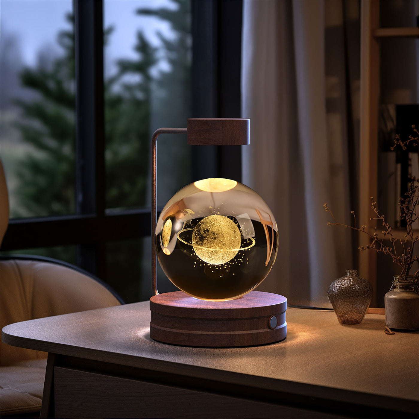 Crystal Ball Cosmic Dinosaur Night Light — USB Warm Glow, Walnut Base