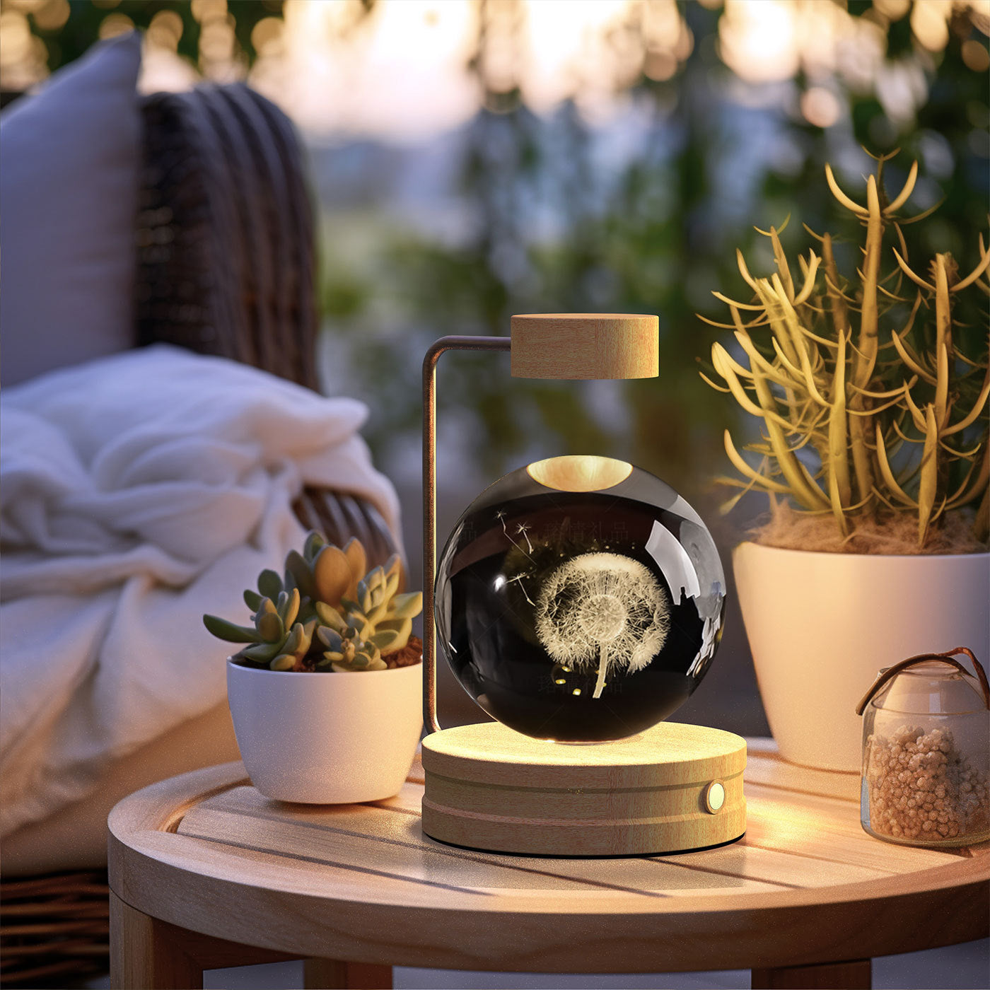 Crystal Ball Cosmic Dinosaur Night Light — USB Warm Glow, Walnut Base