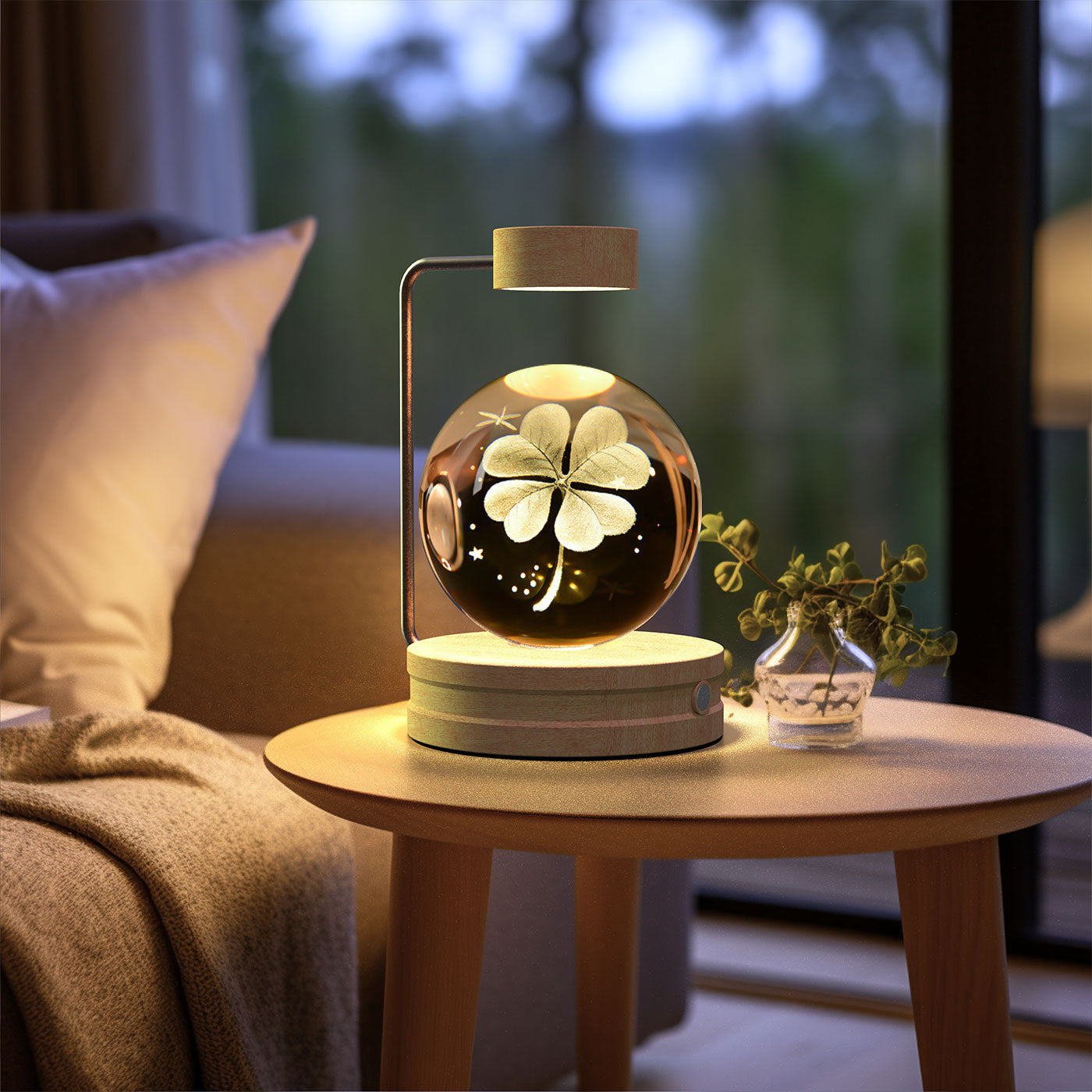 Crystal Ball Cosmic Dinosaur Night Light — USB Warm Glow, Walnut Base