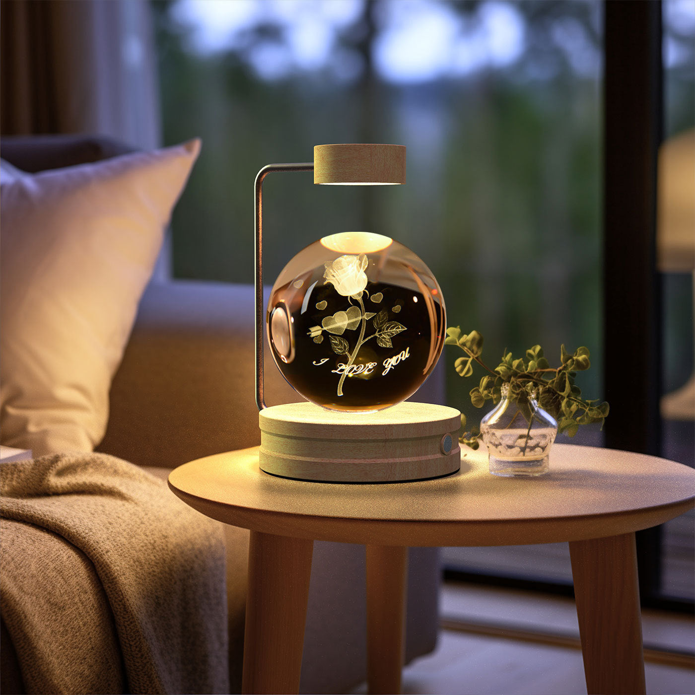 Crystal Ball Cosmic Dinosaur Night Light — USB Warm Glow, Walnut Base