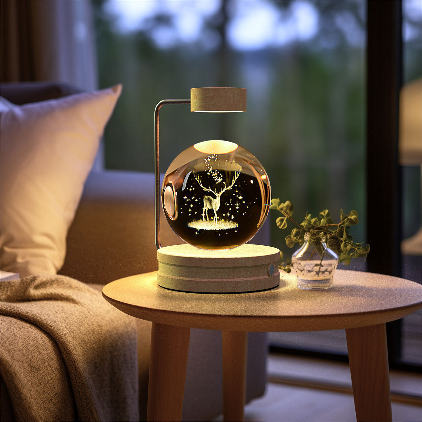 Crystal Ball Cosmic Dinosaur Night Light — USB Warm Glow, Walnut Base