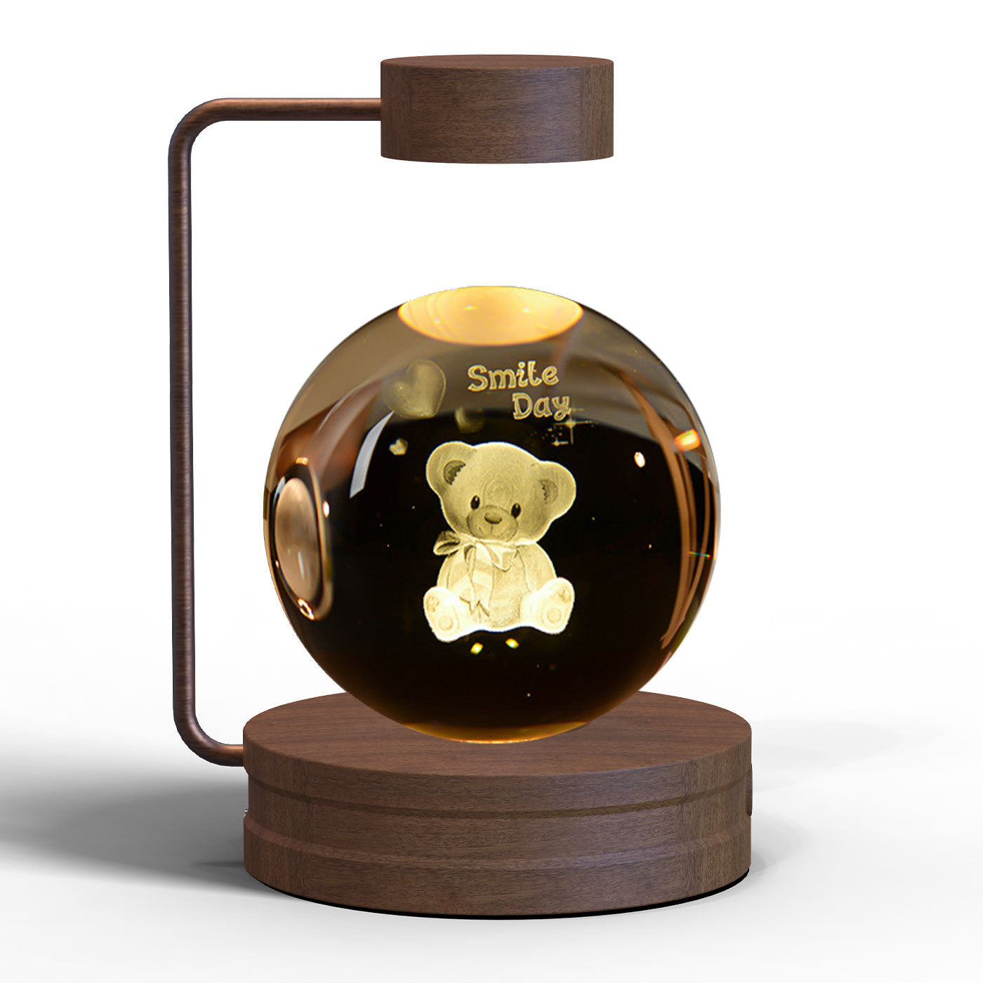 Crystal Ball Cosmic Dinosaur Night Light — USB Warm Glow, Walnut Base