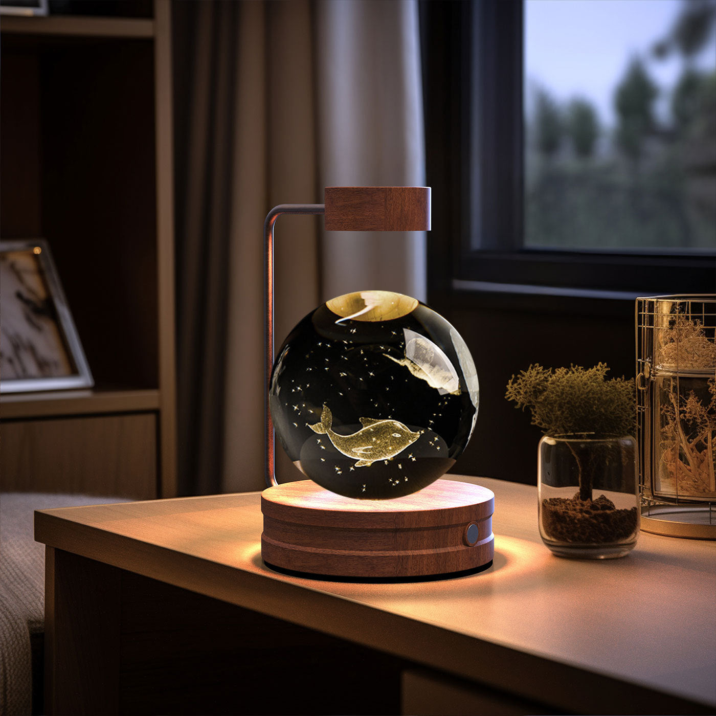 Crystal Ball Cosmic Dinosaur Night Light — USB Warm Glow, Walnut Base