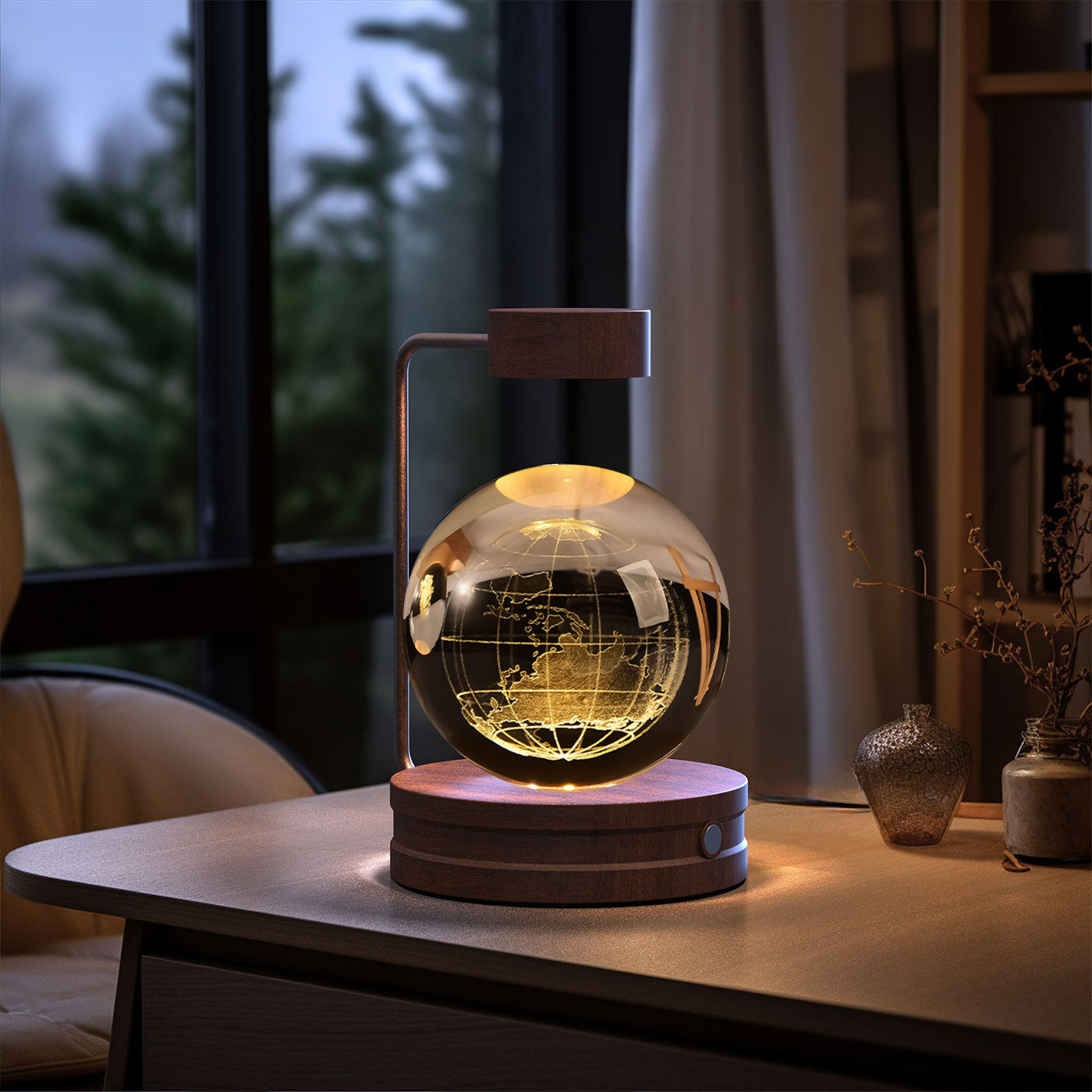 Crystal Ball Cosmic Dinosaur Night Light — USB Warm Glow, Walnut Base