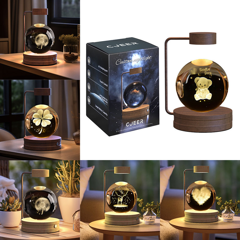 Crystal Ball Cosmic Dinosaur Night Light — USB Warm Glow, Walnut Base