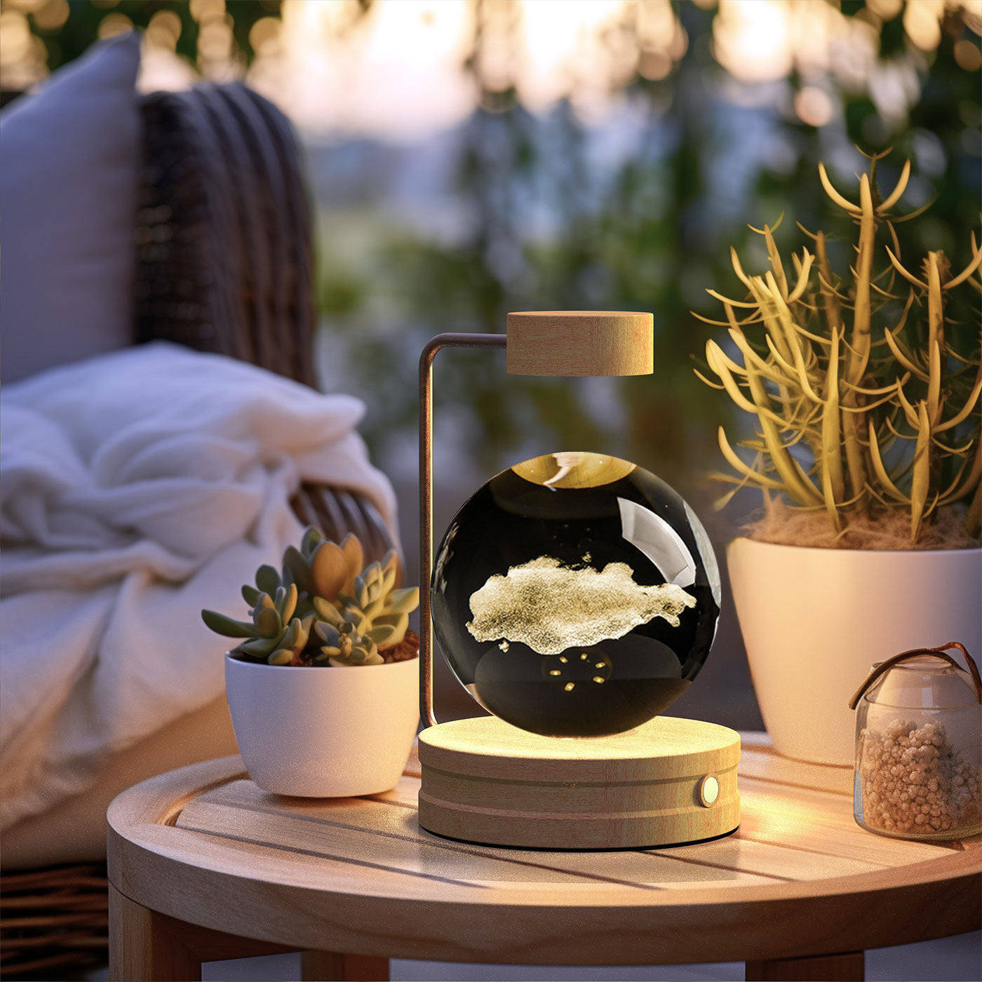 Crystal Ball Cosmic Dinosaur Night Light — USB Warm Glow, Walnut Base