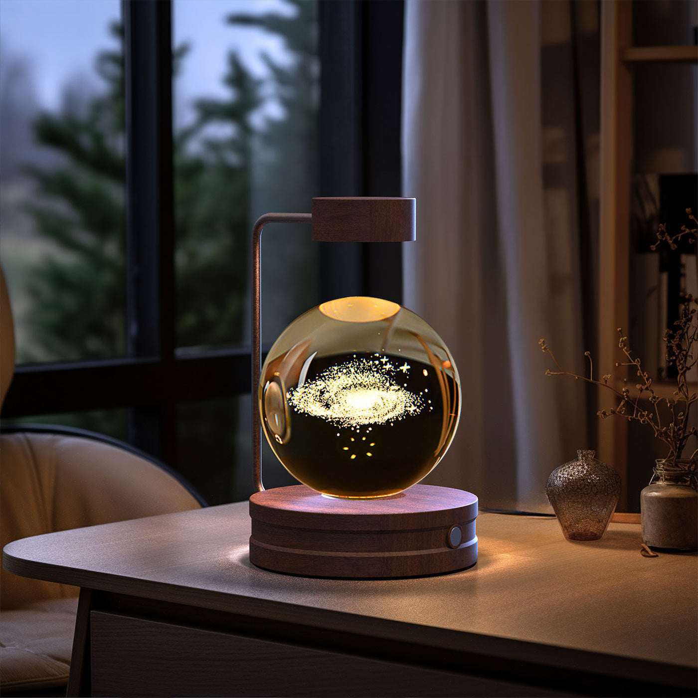 Crystal Ball Cosmic Dinosaur Night Light — USB Warm Glow, Walnut Base